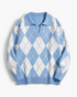 Beach Rose Co. blue and white argyle V-neck sweater with a fold-over collar and relaxed fit.