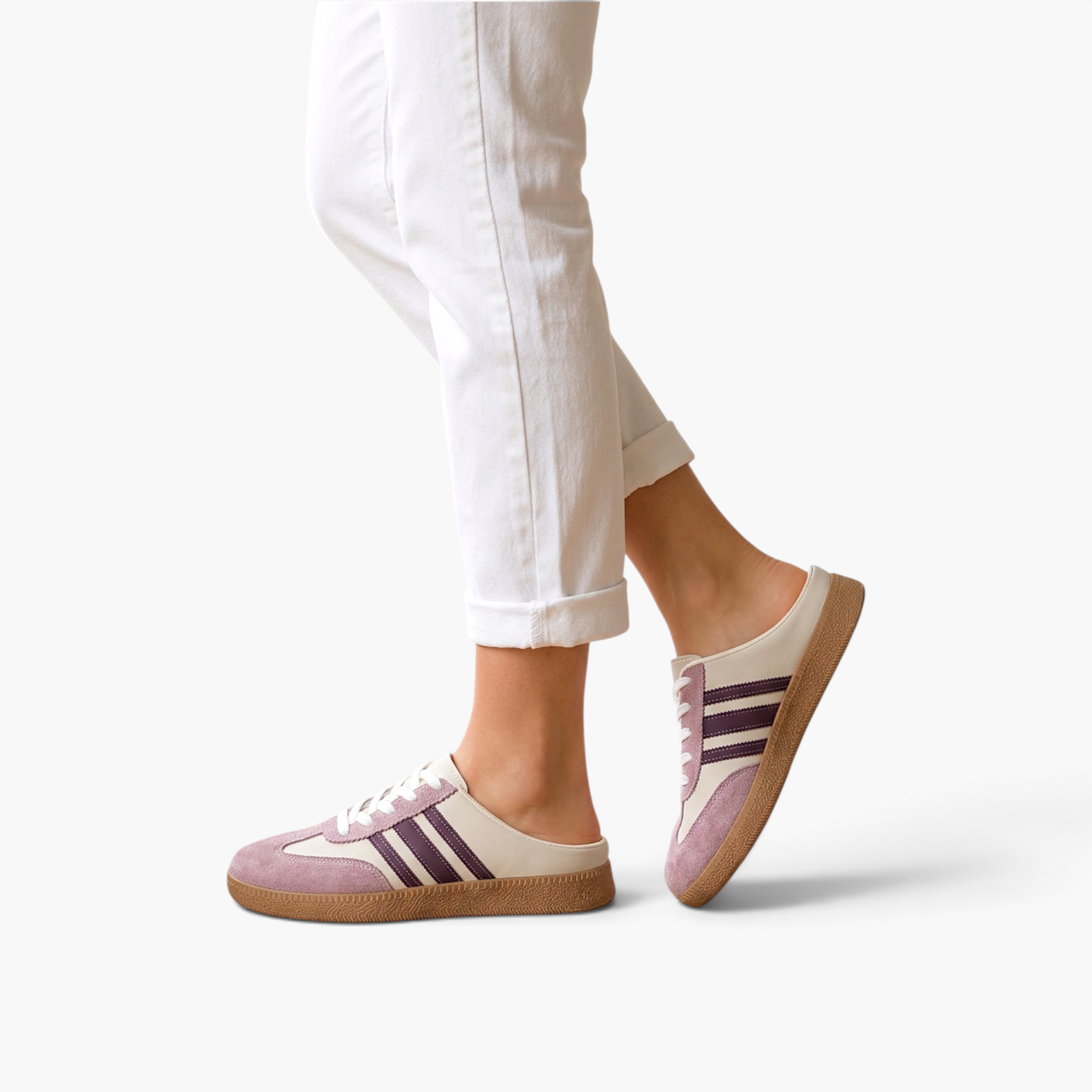 Beach Rose Co. Aria Up flat slip-on shoes in mauve and cream with a durable rubber sole worn with white trousers