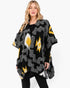 Beach Rose Co. fuzzy Aztec open-front ruana with yellow and grey geometric patterns on a model