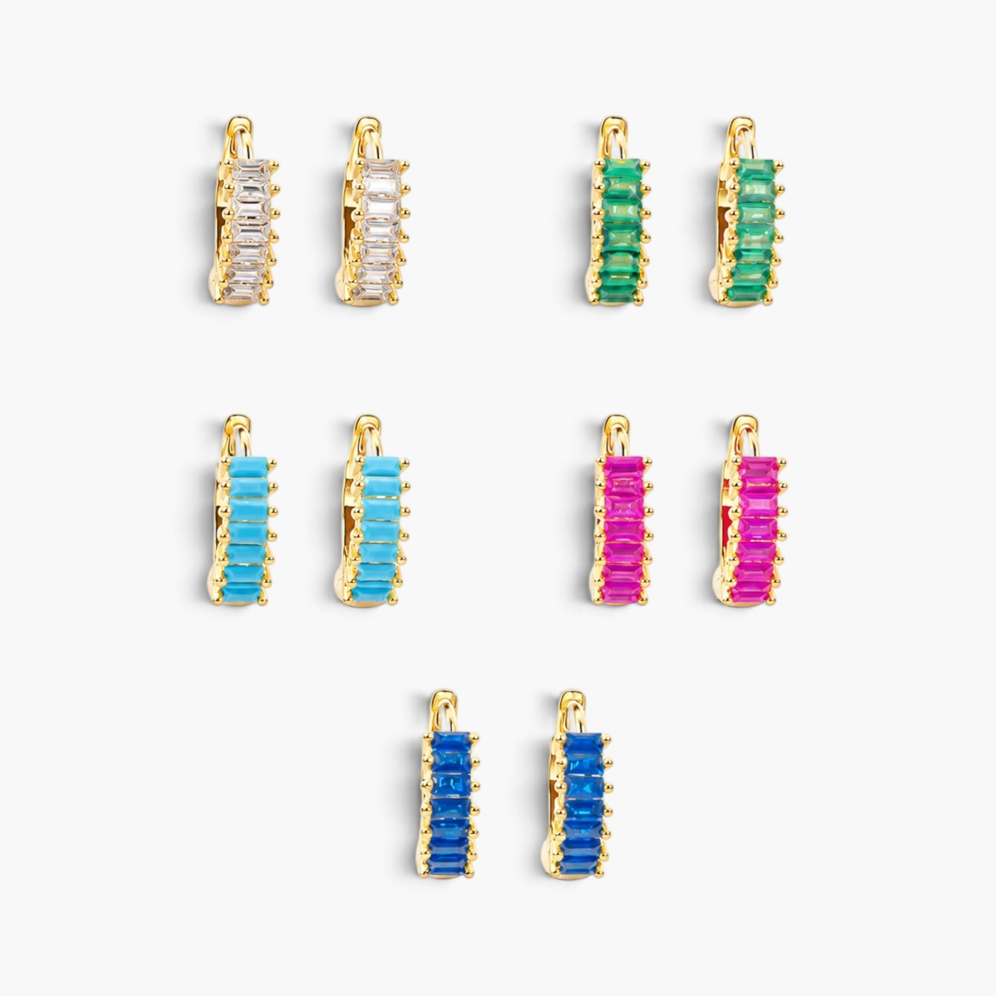 Beach Rose Co. baguette-cut cubic zirconia huggie hoop earrings in various vibrant gemstone colors and gold finish.