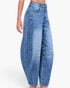 Beach Rose Co. relaxed barrel leg jeans in medium wash denim with curved seams and dart details at the knees.