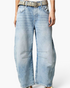 Beach Rose Co. light wash relaxed barrel leg jeans with knee dart details and a woven belt on a model