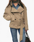 Beach Rose Co. beige short double-breasted trench jacket with a waist belt, wrap collar, and buttoned shoulder tabs.
