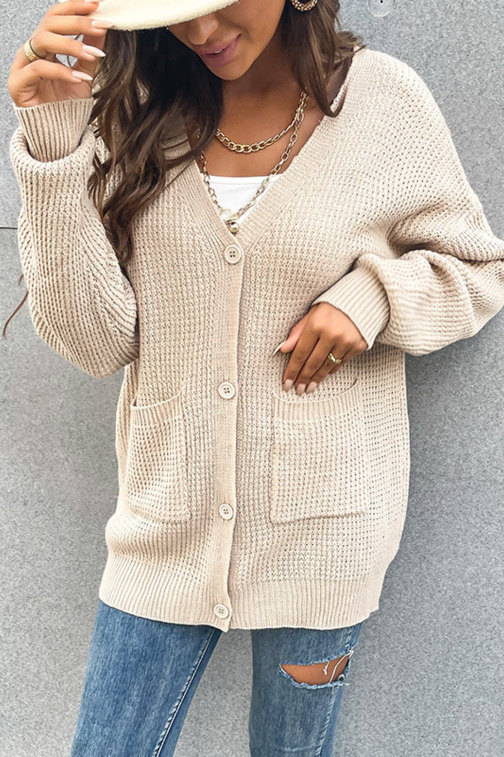 Beach Rose Co. - Beige Button Front Waffle Knit Cardigan