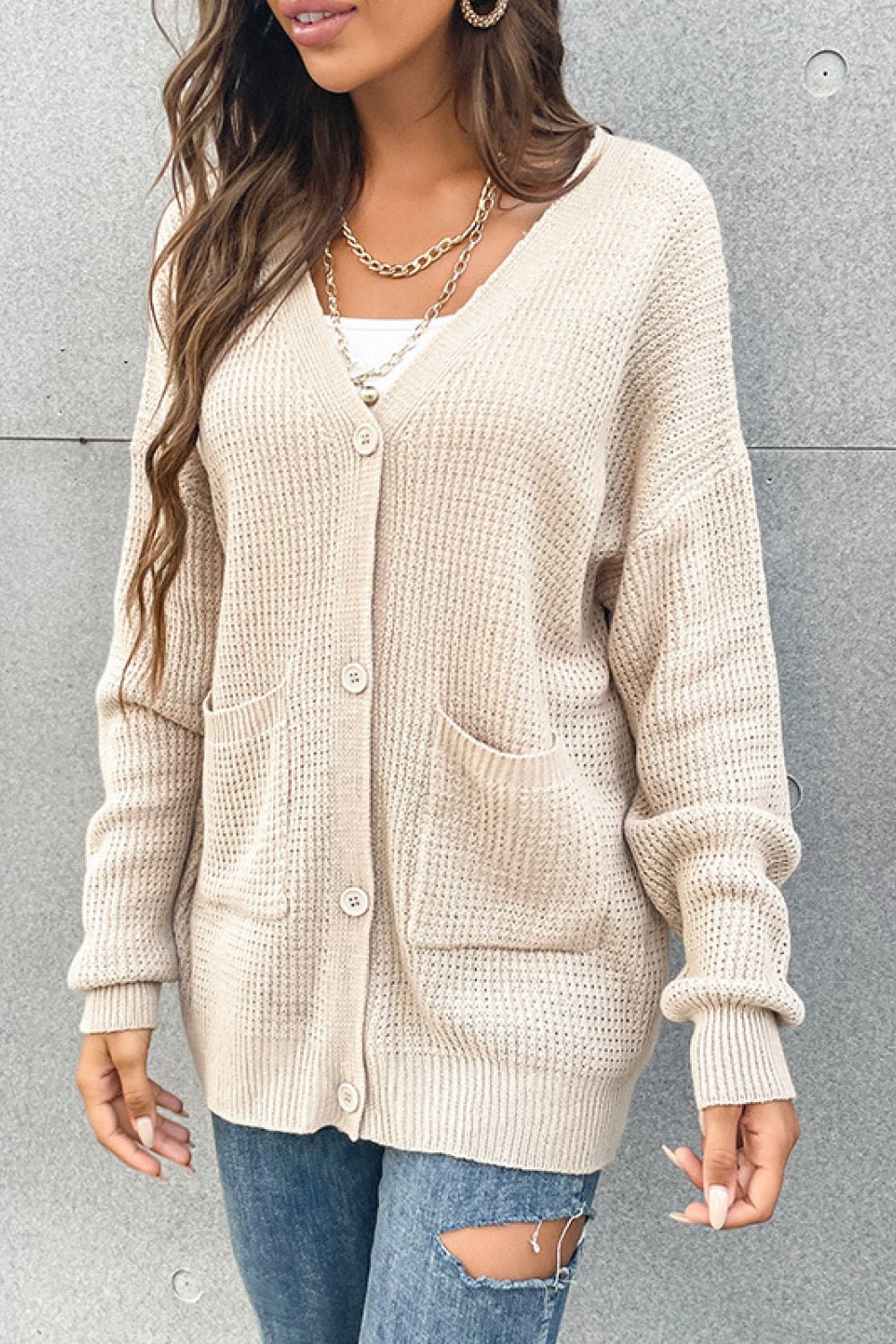 Beach Rose Co. - Beige Button Front Waffle Knit Cardigan