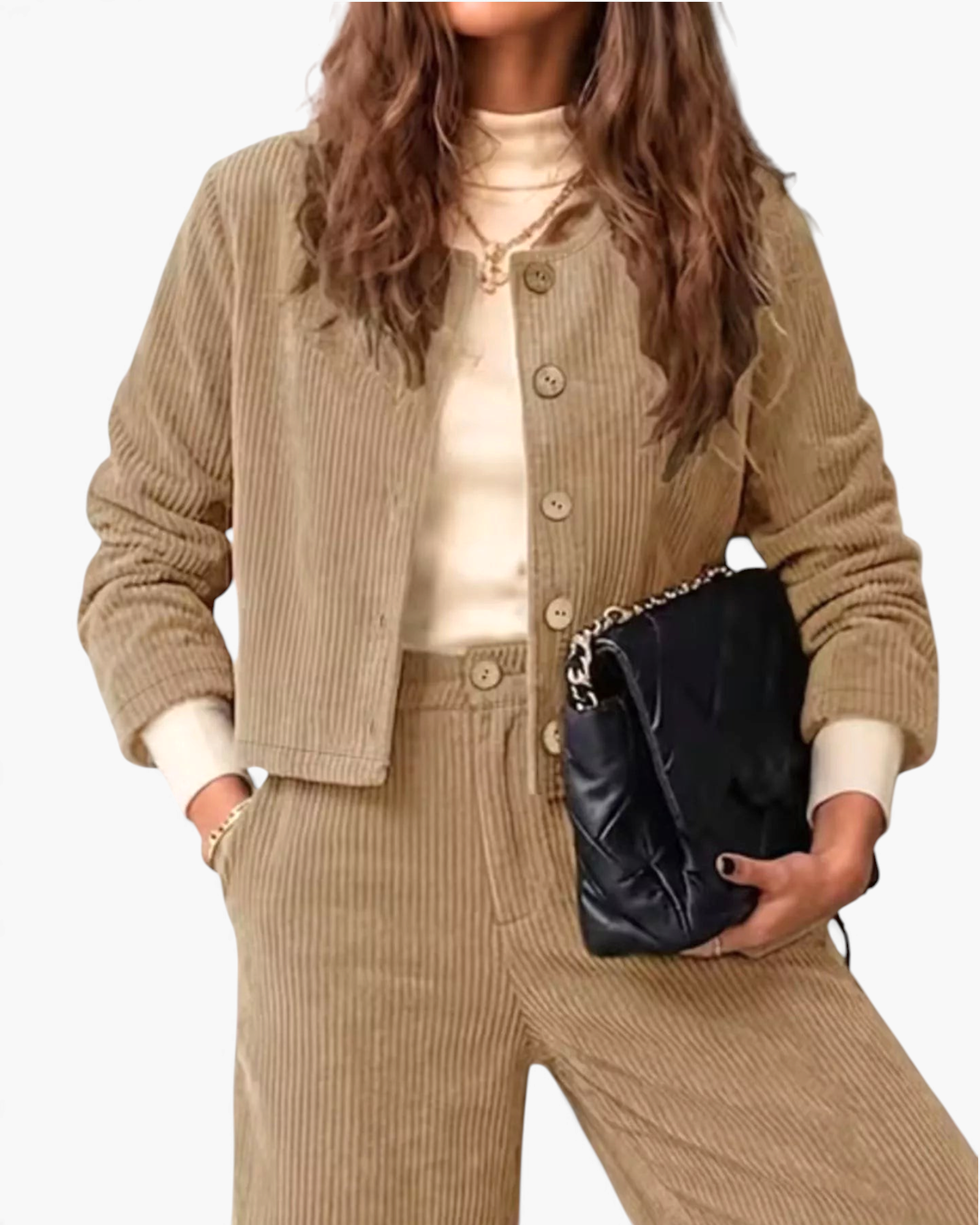 Beach Rose Co. beige corduroy matching set with a button-front jacket and wide leg pants worn with a cream top