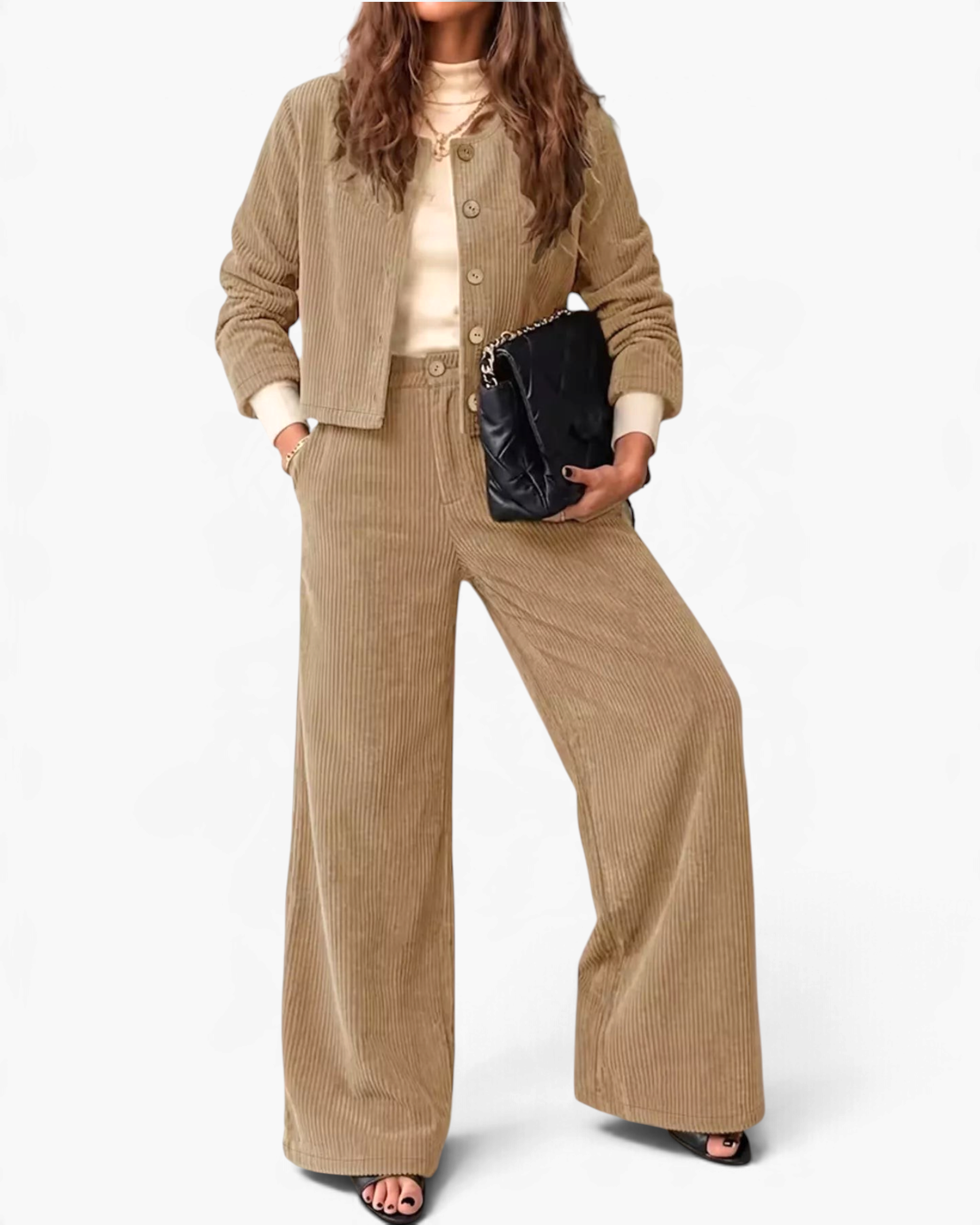 Beach Rose Co. beige corduroy two-piece set with a button-front jacket and wide-leg pants worn with a black handbag.