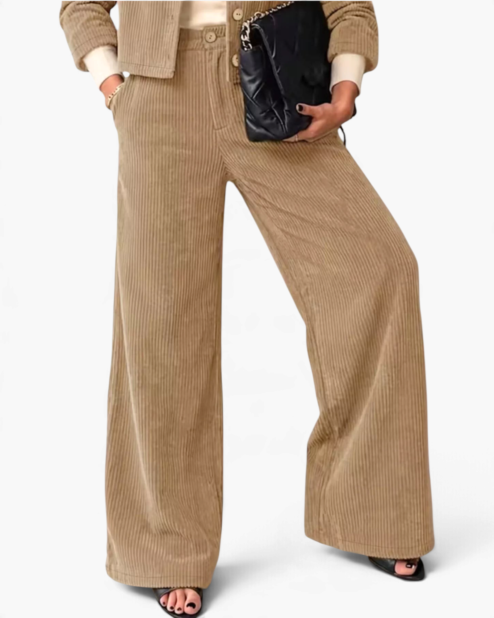 Beach Rose Co. beige corduroy wide leg pants and matching button-front jacket set with a black handbag