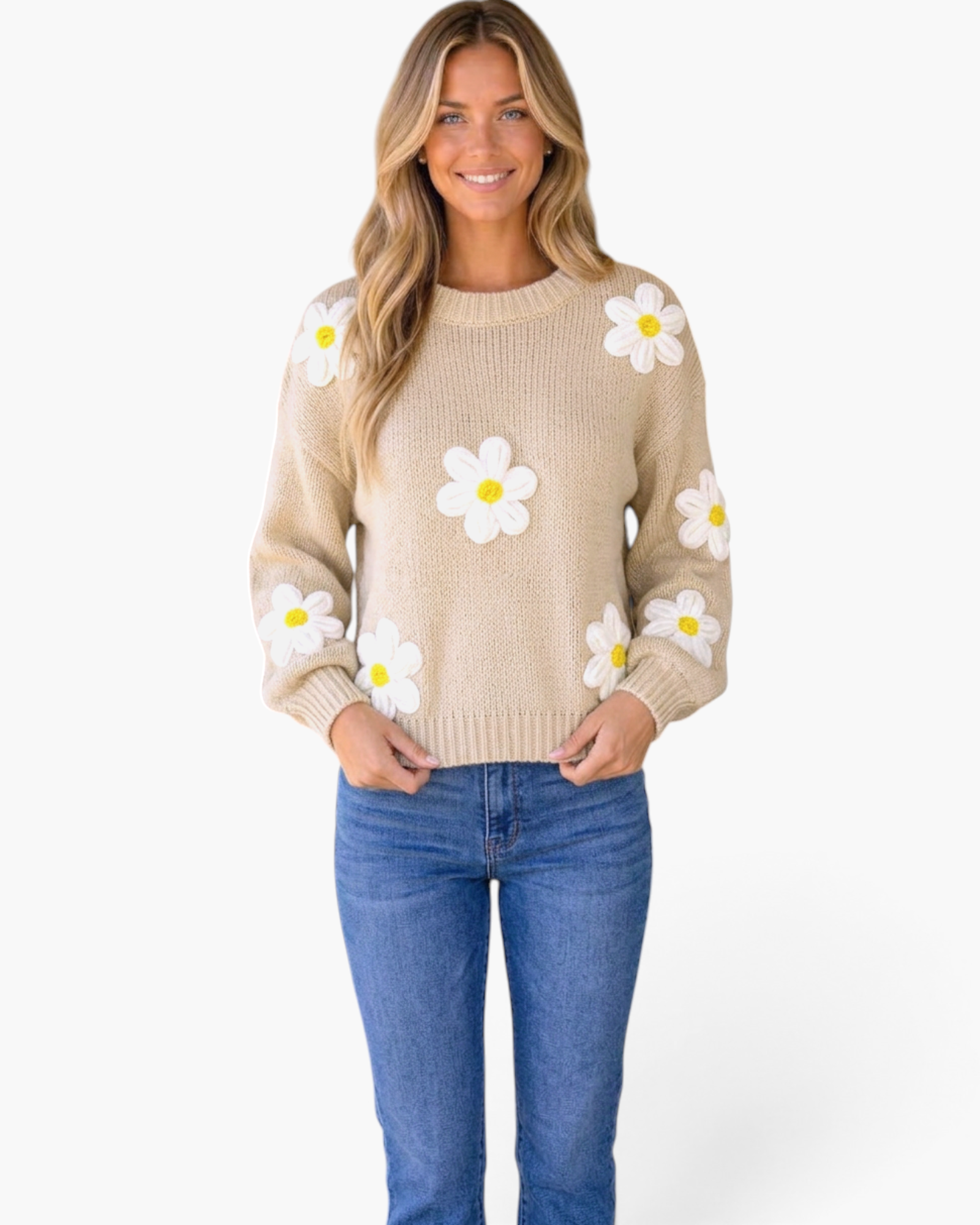 Beach Rose Co. beige knit sweater featuring dimensional white daisy appliqués with yellow centers and a crew neckline.