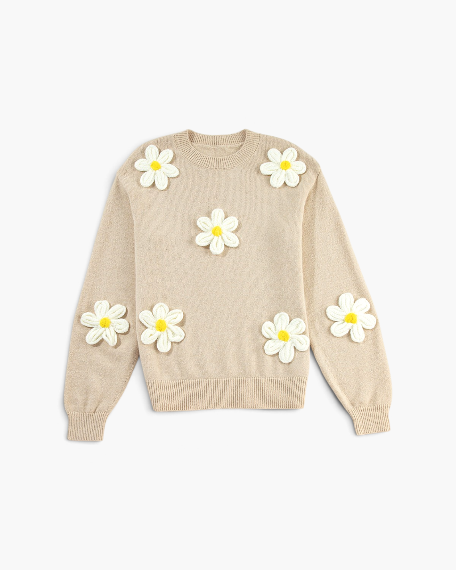 Beach Rose Co. beige knit sweater featuring dimensional white daisy appliqués with yellow centers and a crew neckline.