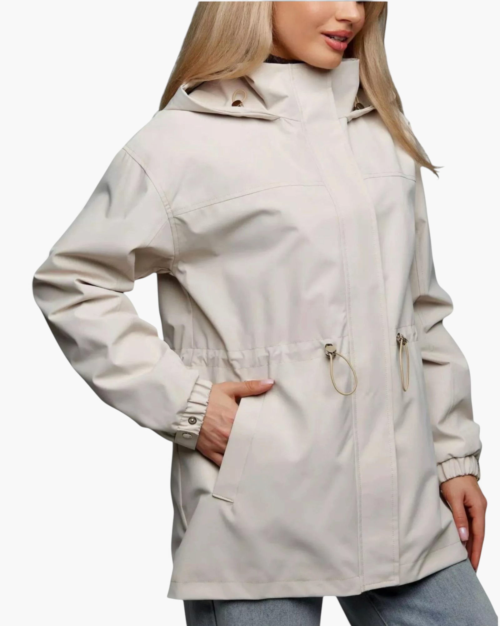 Beach Rose Co. beige hooded jacket with drawstring waist, zip front, and snap placket worn by a blonde woman.