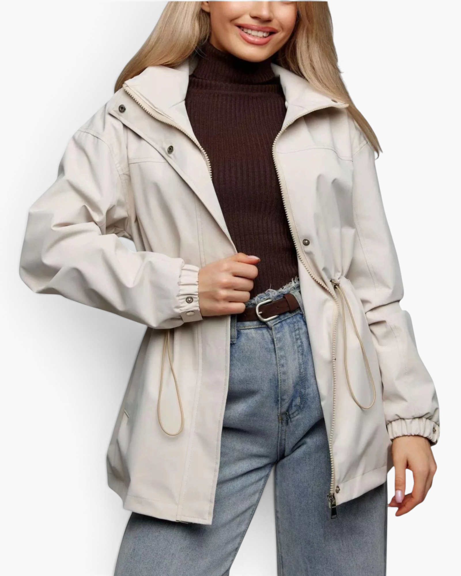 Beach Rose Co. beige hooded jacket with drawstring waist, zip front, and snap placket worn by a smiling blonde model.