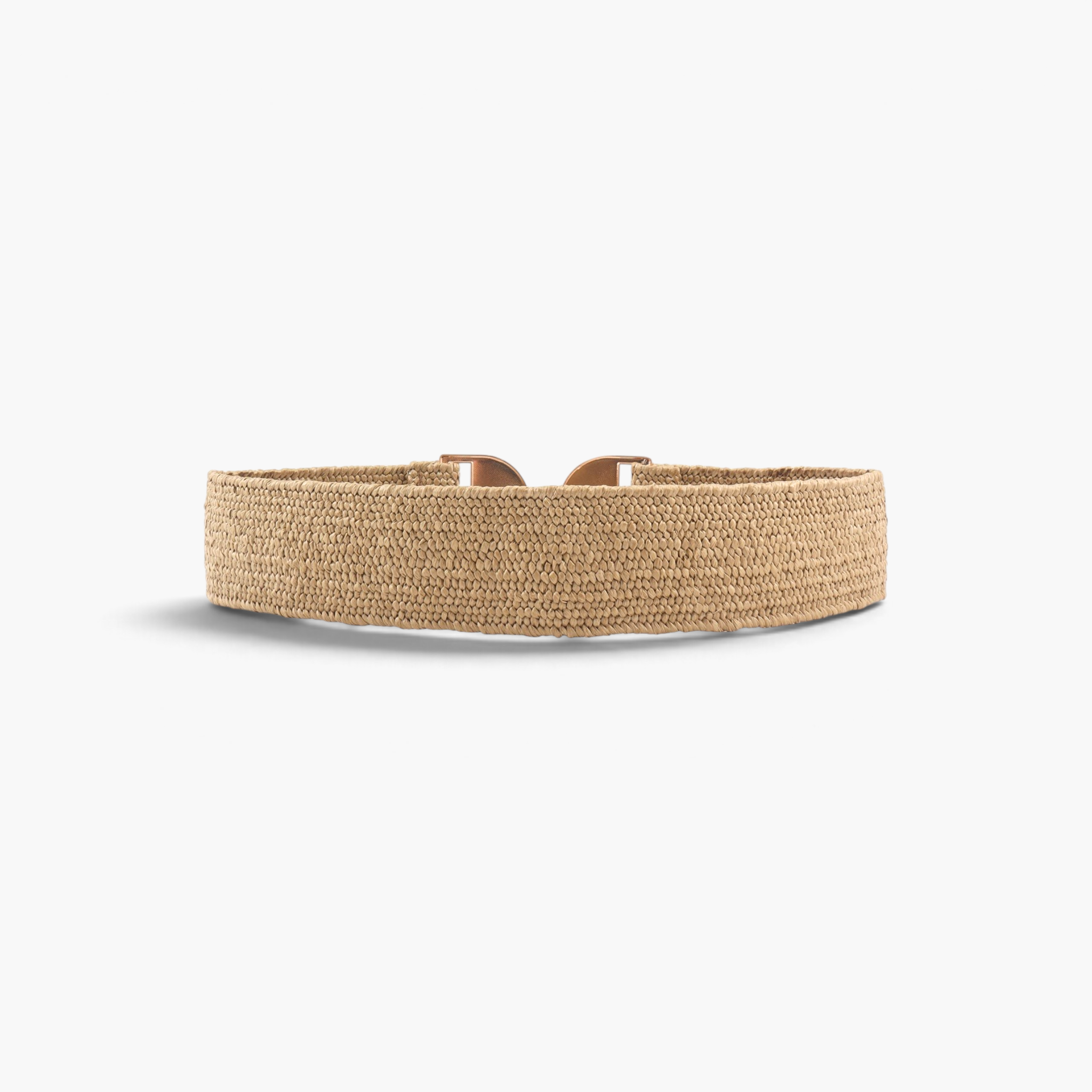 Beach Rose Co. beige textured elastic waist belt with a polished gold-tone geometric buckle