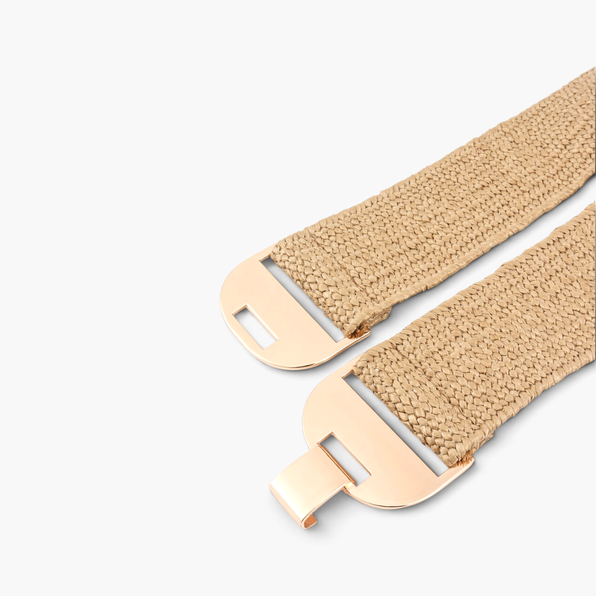 Beach Rose Co. beige textured elastic waist belt with a polished gold-tone geometric hook clasp buckle.