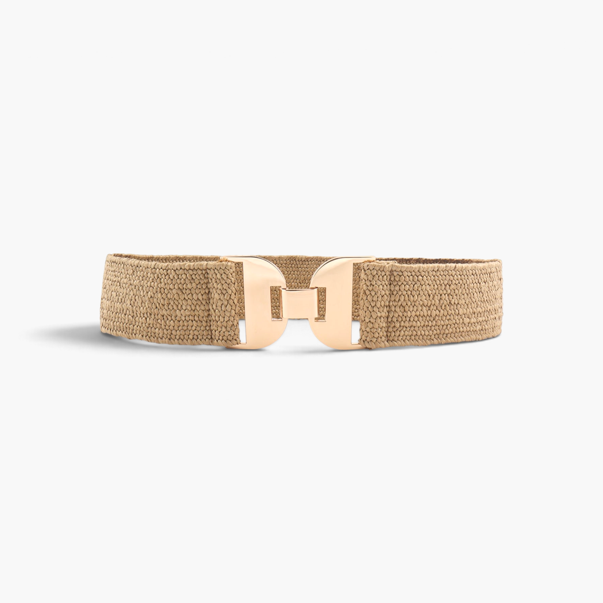 Beach Rose Co. beige textured elastic waist belt featuring a polished gold-tone geometric buckle with hook clasp.