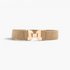 Beach Rose Co. beige textured elastic waist belt featuring a polished gold-tone geometric buckle with hook clasp.