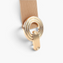 Beach Rose Co. beige elastic waist belt featuring a gold-toned double-circle alloy buckle with ridged detailing.