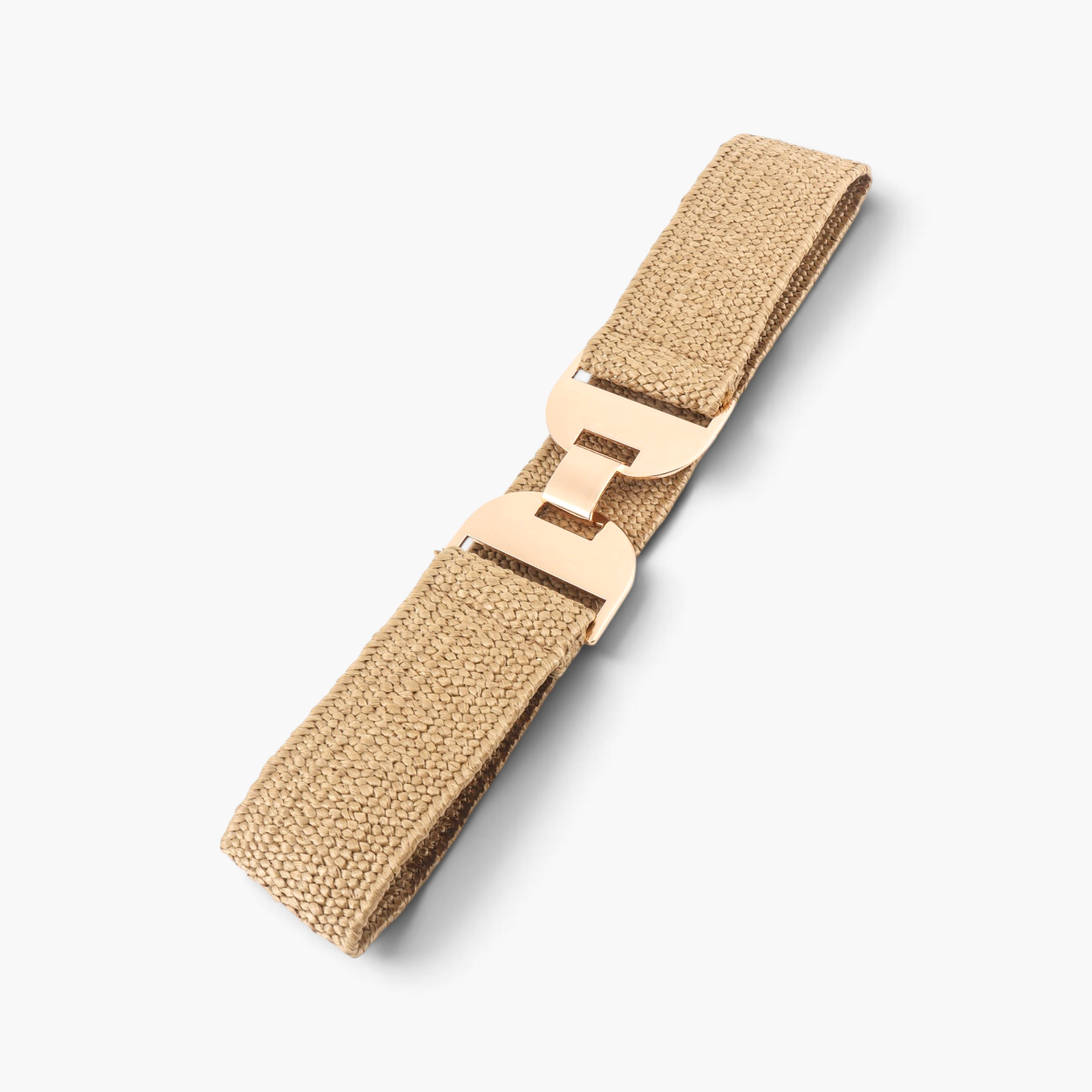 Beach Rose Co. beige textured elastic waist belt featuring a polished gold-tone geometric hook buckle.