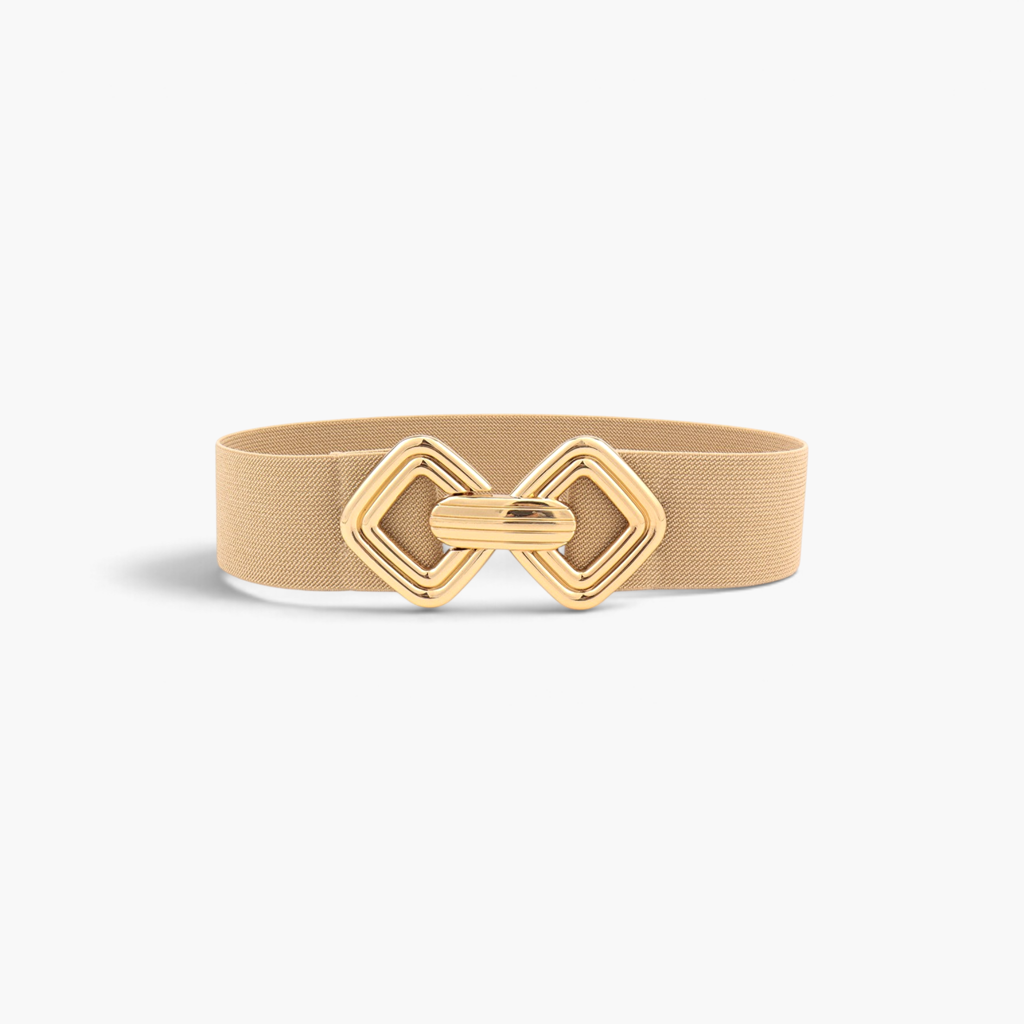 Beach Rose Co. beige elastic waist belt featuring a gold-tone geometric double diamond buckle with ridged detail.