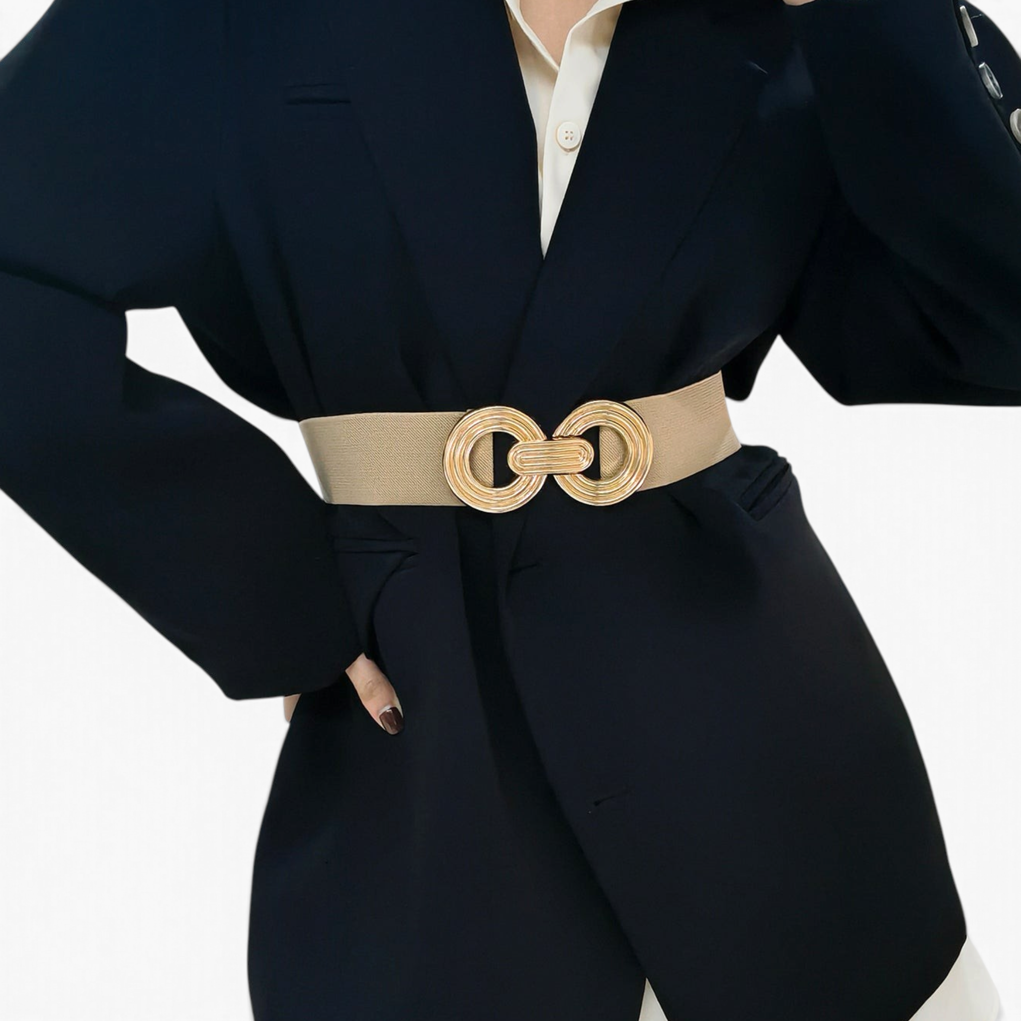 Beach Rose Co. beige elastic waist belt with a gold double-circle alloy buckle worn over a black blazer