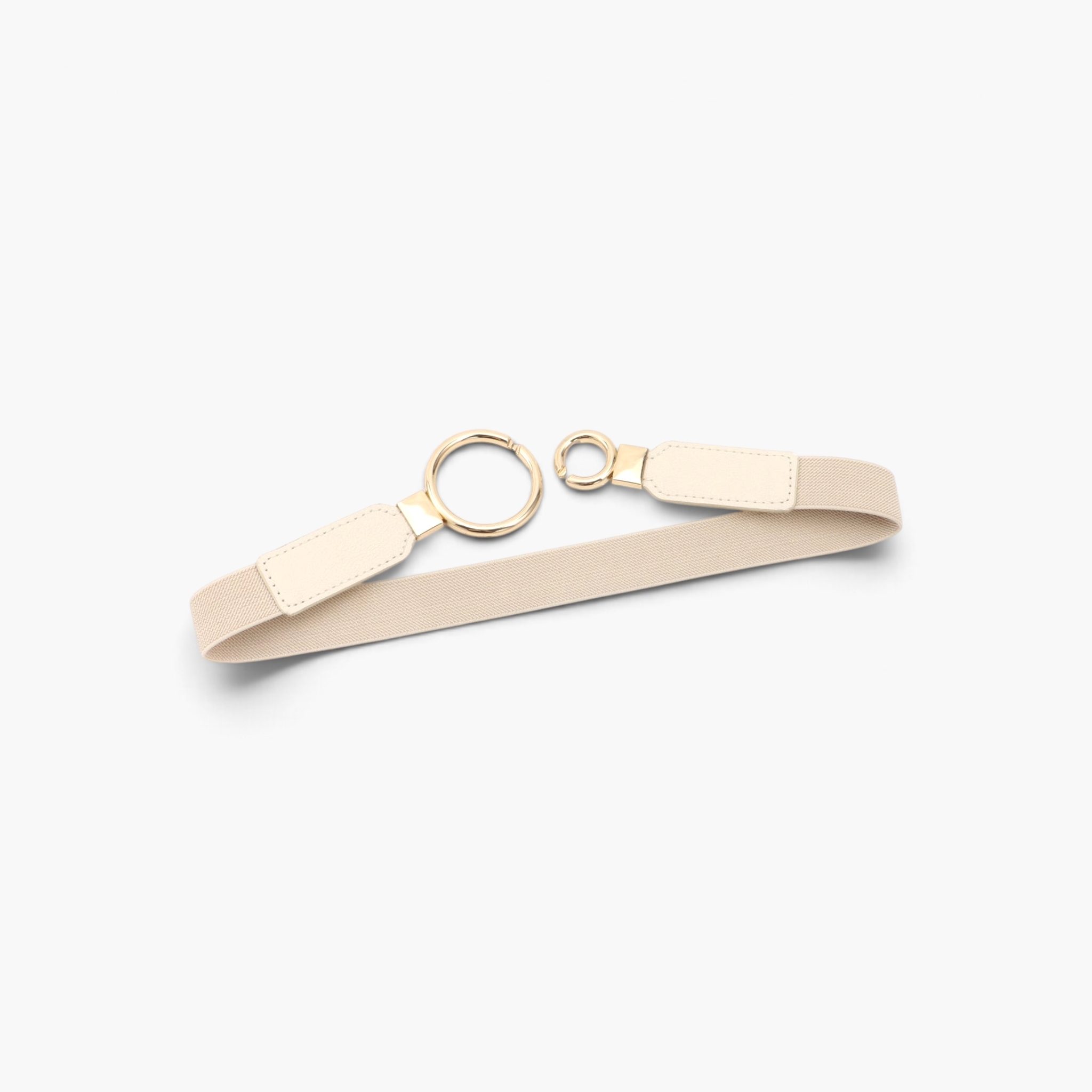 Beach Rose Co. slim beige elastic waist belt with an asymmetric gold-tone double-ring buckle and PU leather tabs.