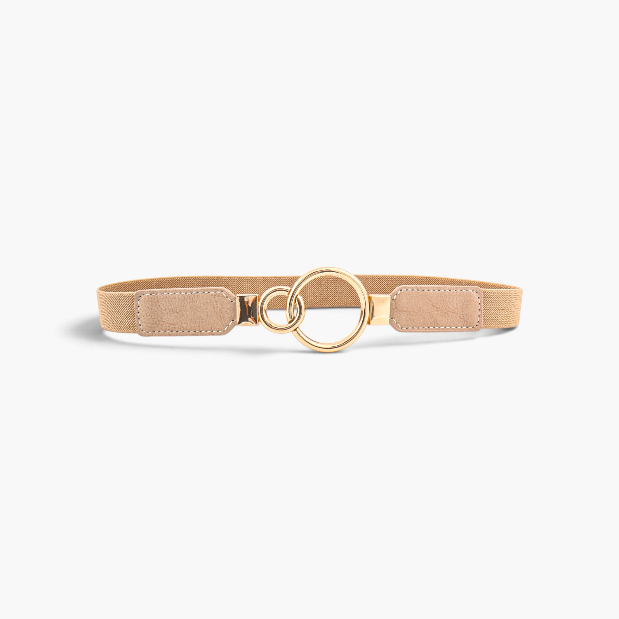 Beach Rose Co. slim beige elastic waist belt with an asymmetric gold double-ring buckle and stitched PU tabs.