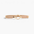 Beach Rose Co. slim beige elastic waist belt with an asymmetric gold double-ring buckle and stitched PU tabs.