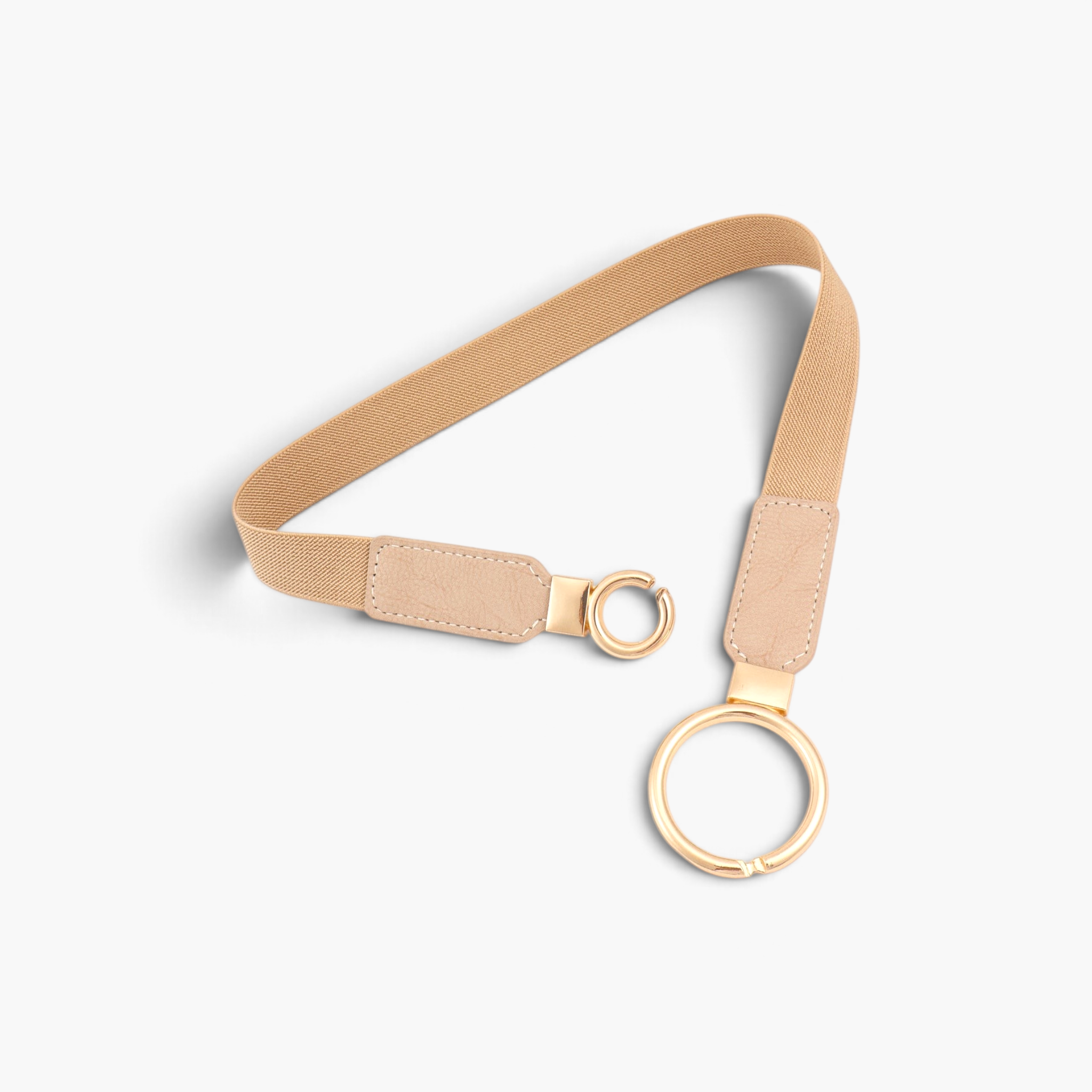 Beach Rose Co. beige slim elastic waist belt with an asymmetric gold double-ring buckle and stitched PU leather tabs.