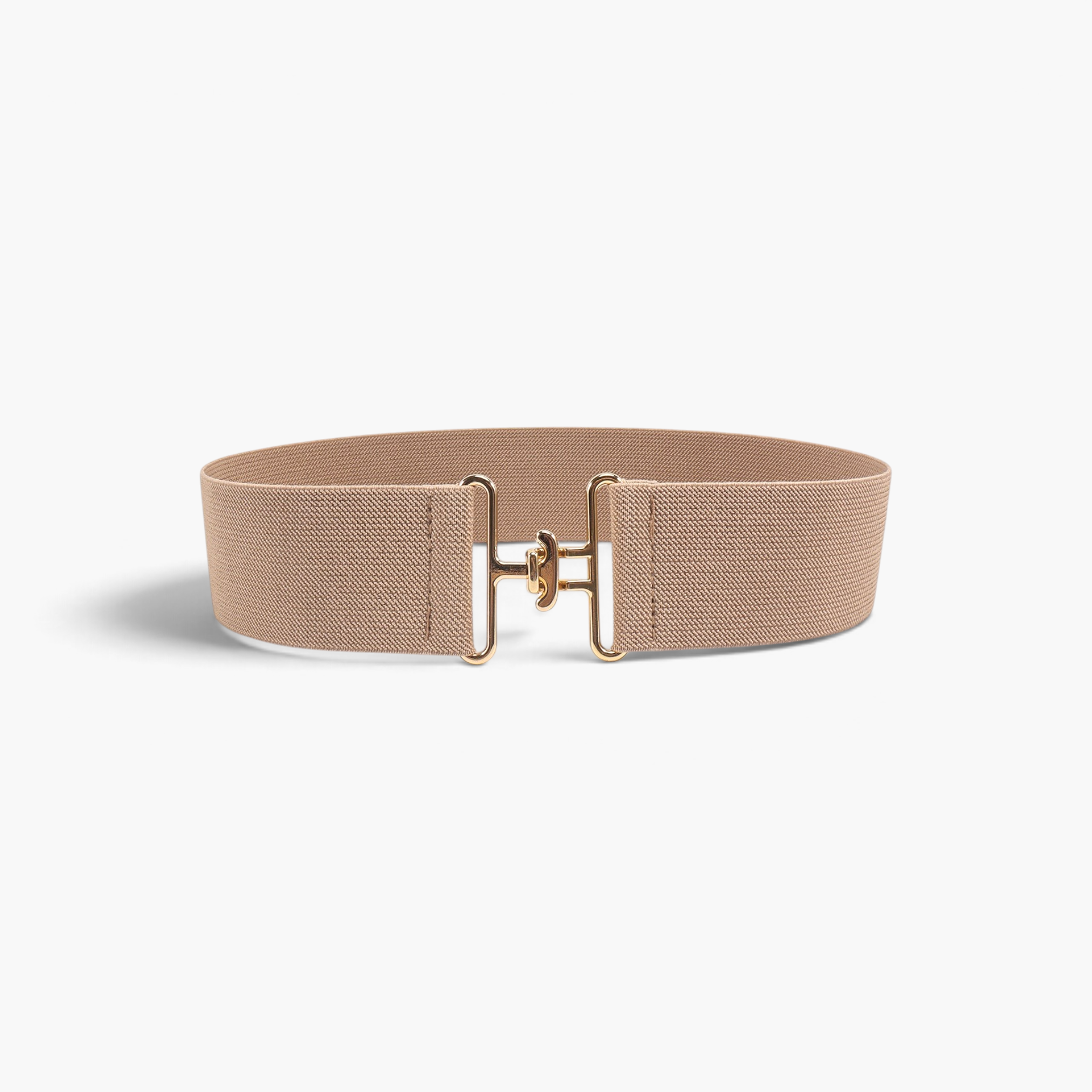 Beach Rose Co. wide beige elastic waist belt with a gold-tone interlocking hook buckle and textured finish.