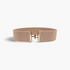 Beach Rose Co. wide beige elastic waist belt with a gold-tone interlocking hook buckle and textured finish.