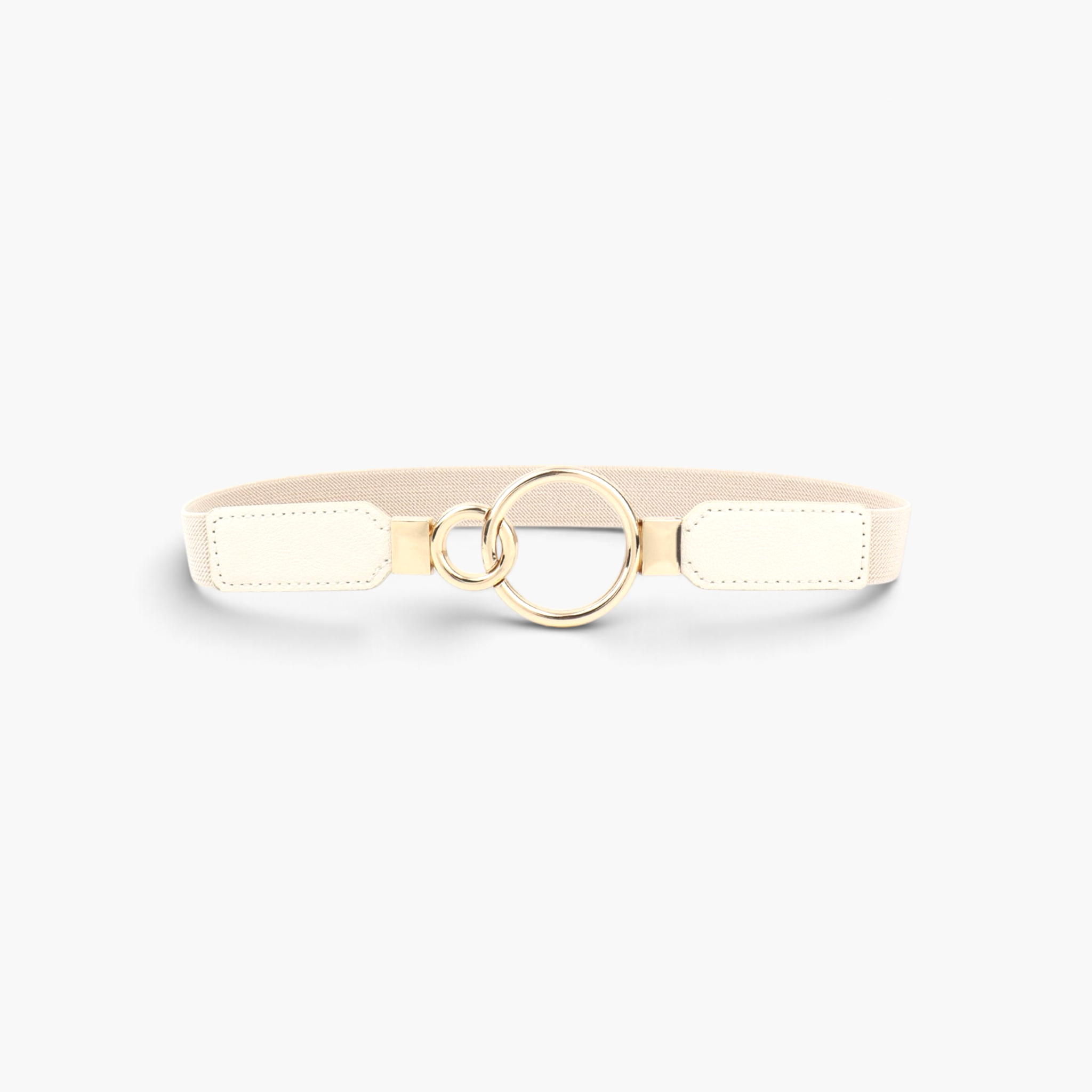 Beach Rose Co. slim beige elastic waist belt featuring an asymmetric gold double-ring buckle and stitched PU tabs.