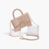 Beach Rose Co. beige faux leather handbag with a decorative bow, top handle, and gold chain shoulder strap.