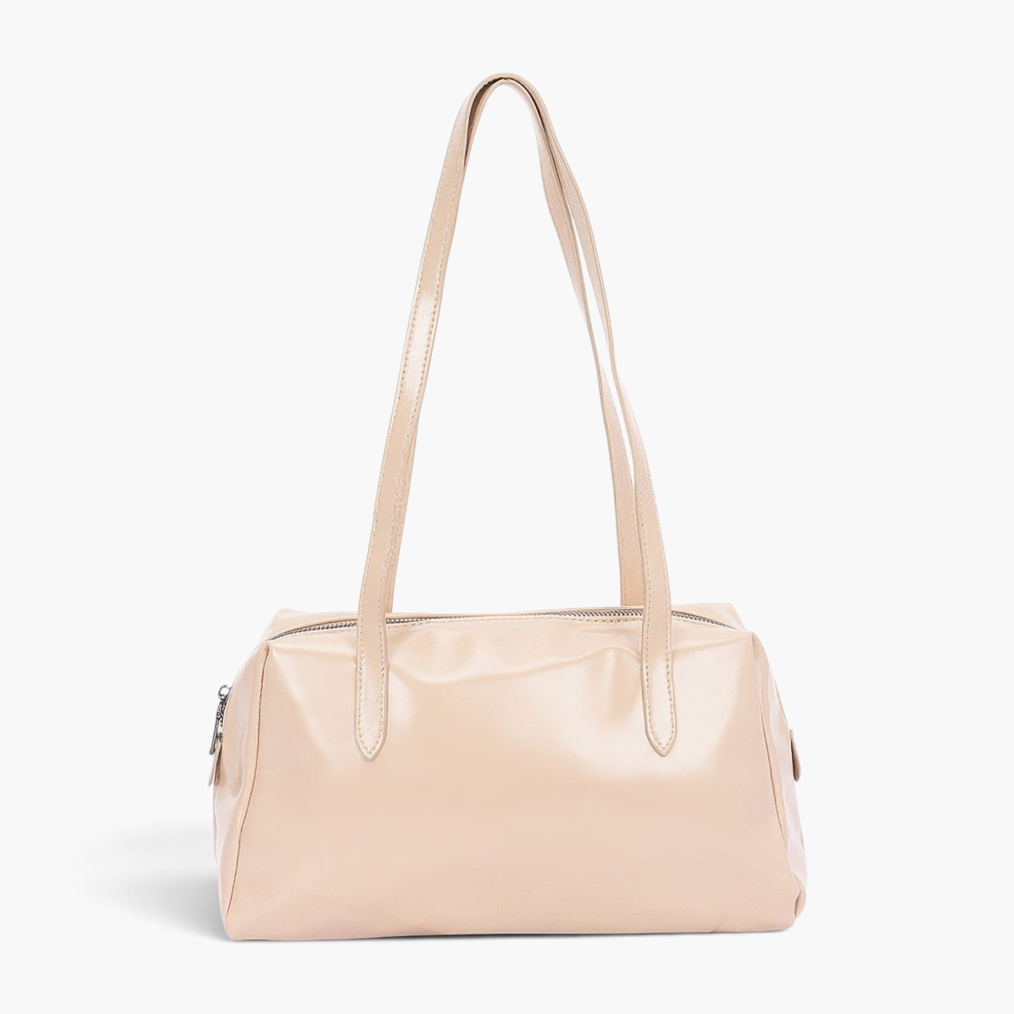 Beach Rose Co. beige faux leather sport bag with a secure zipper closure and long shoulder straps