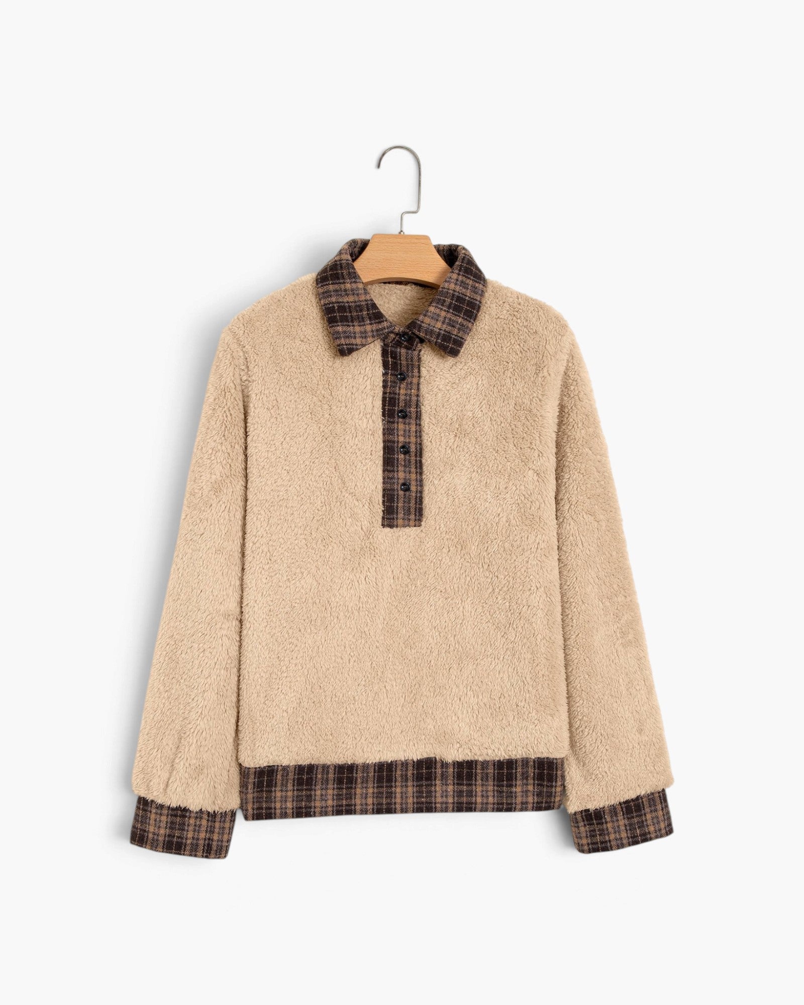 Beige & Brown Plaid-Trim Fuzzy Pullover