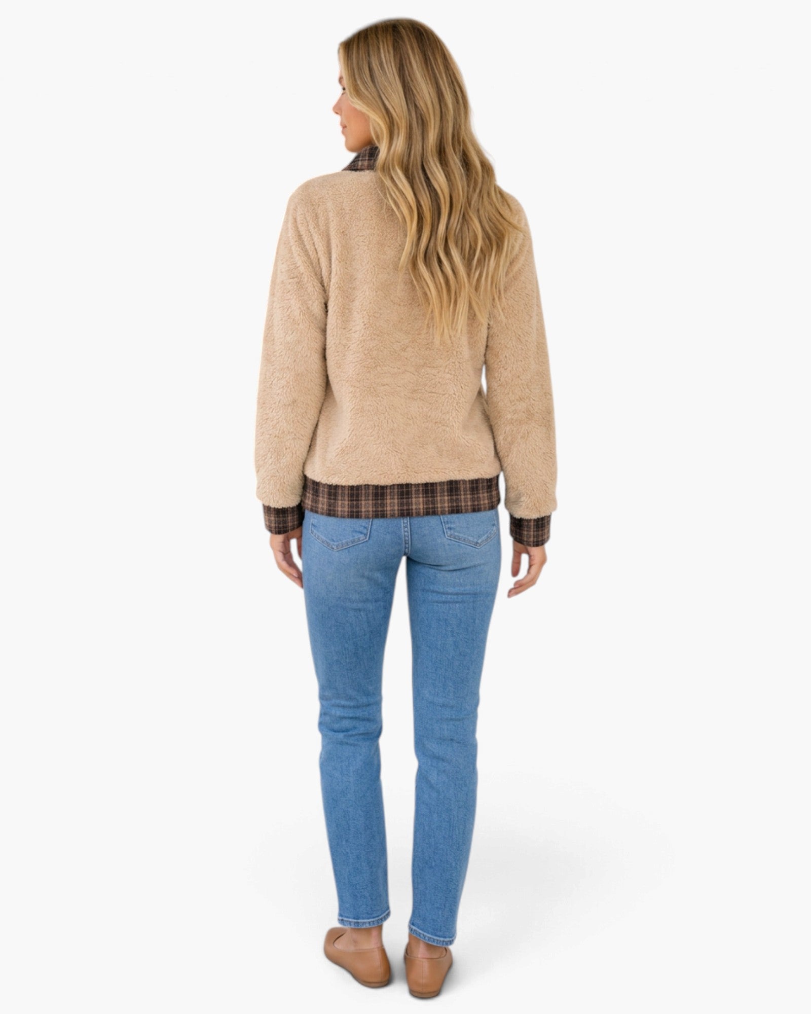 Beige & Brown Plaid-Trim Fuzzy Pullover