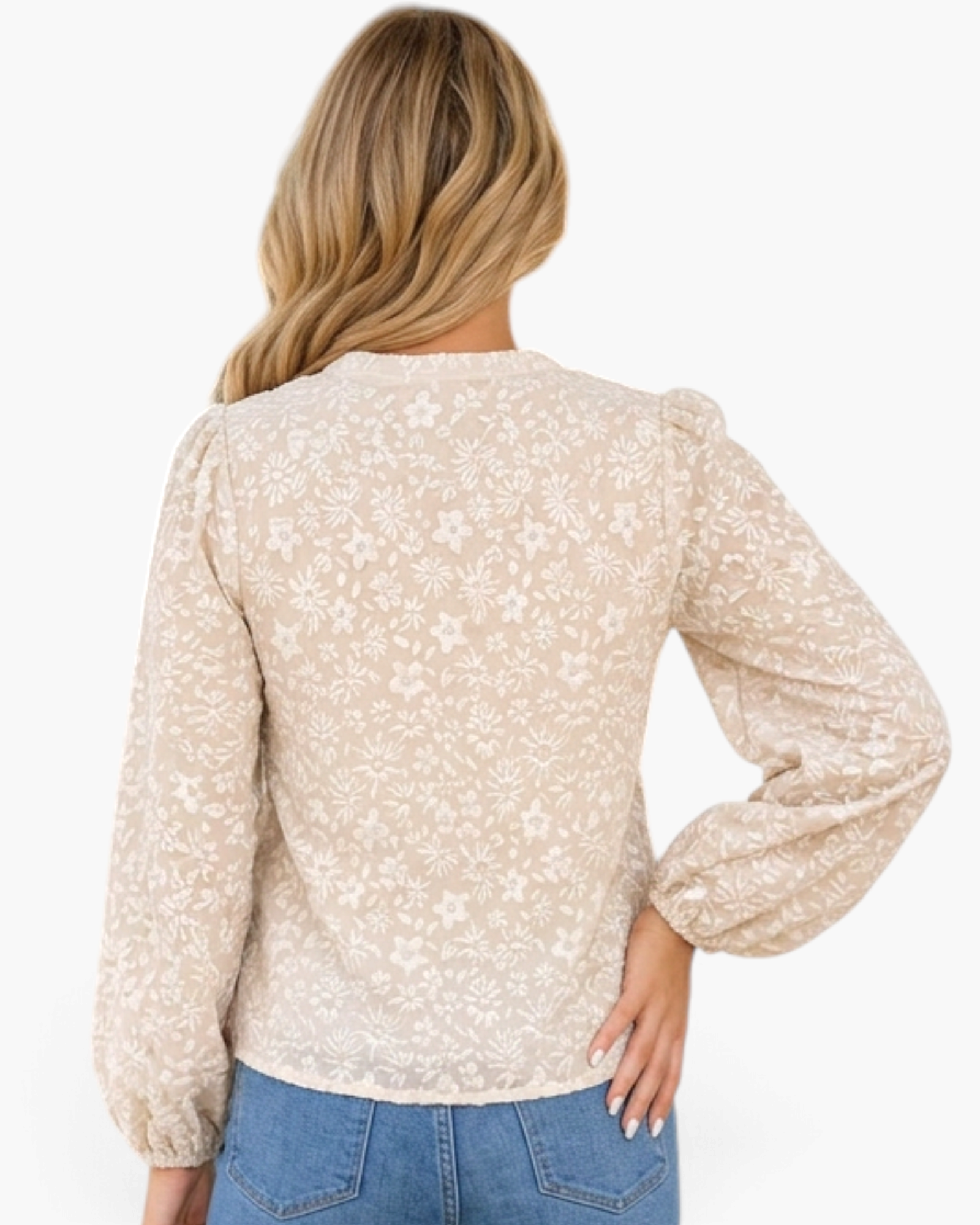 Beach Rose Co. beige blouse with cream raised floral texture, long balloon sleeves, and gathered shoulder details.