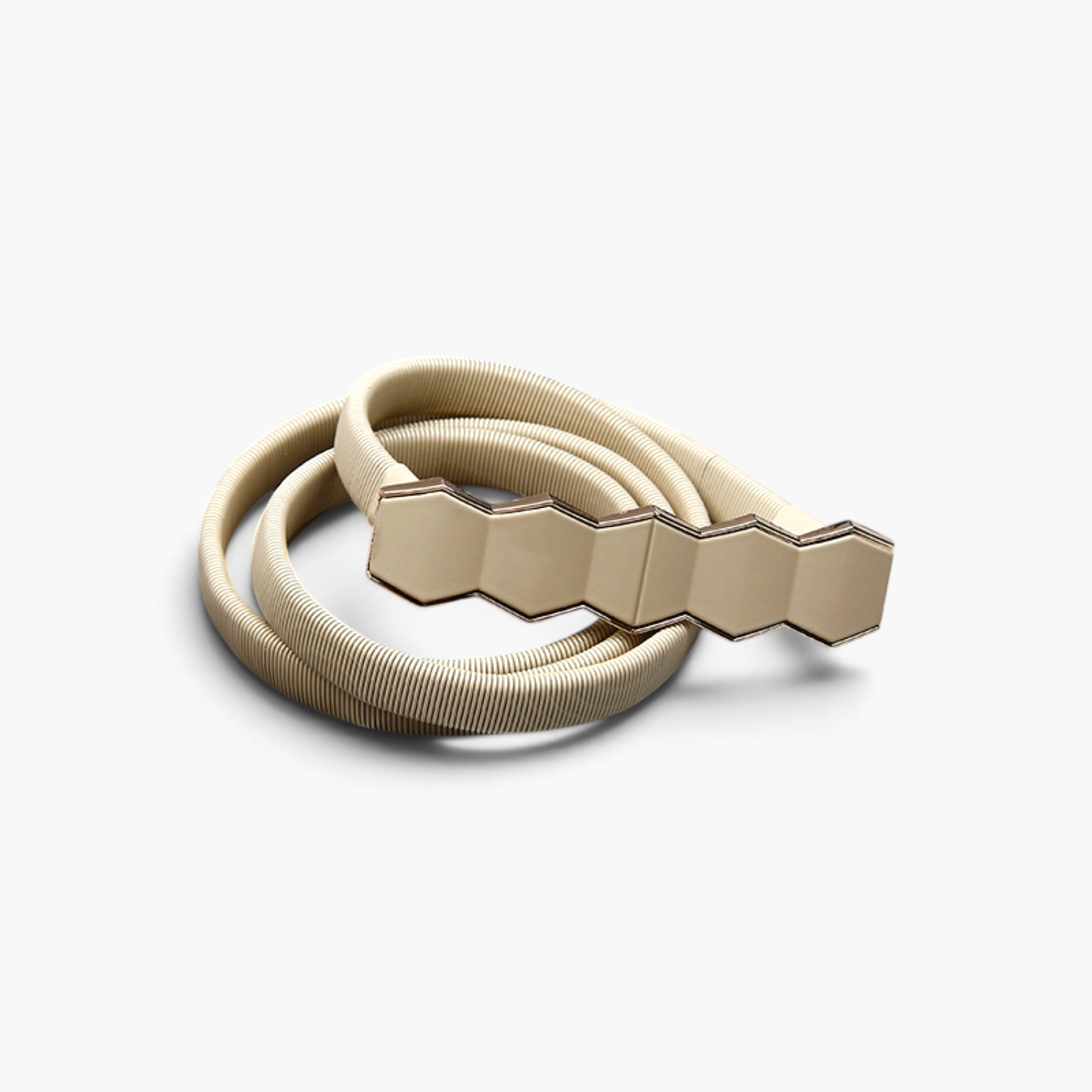 Beach Rose Co. beige skinny stretch waist belt with a geometric hexagon metal buckle and finely ribbed band.