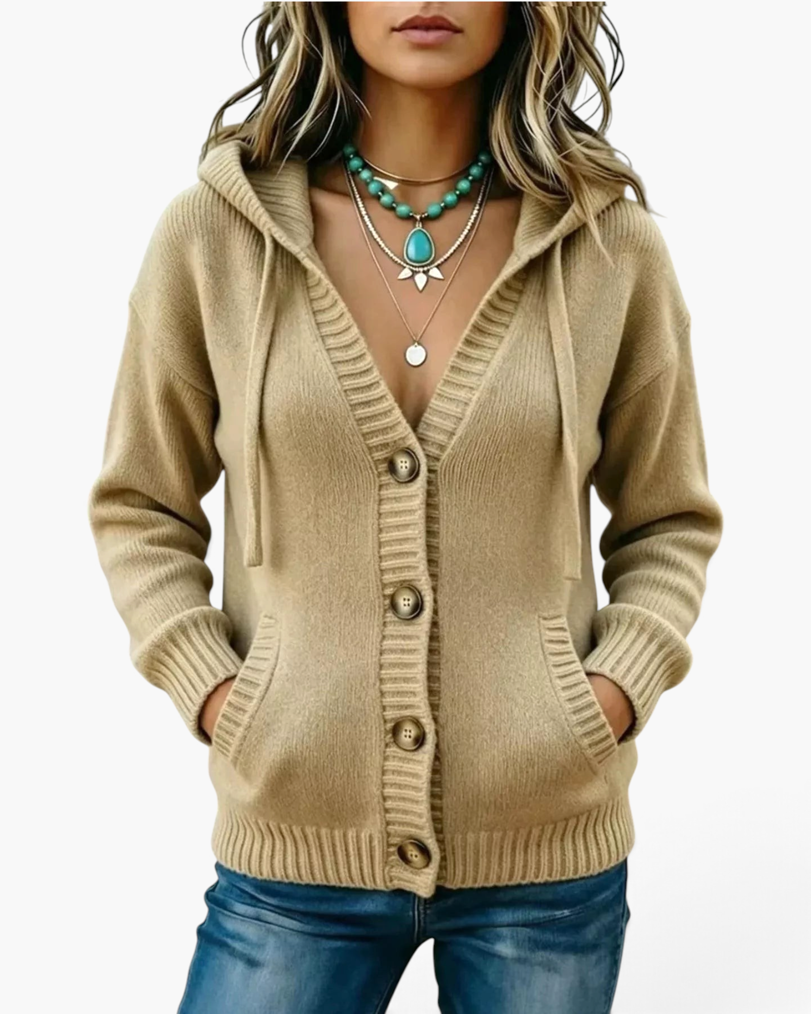 Beach Rose Co. beige knit hooded cardigan with front buttons, pockets, and ribbed trim on a woman wearing necklaces.