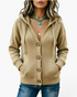 Beach Rose Co. beige knit hooded cardigan with front buttons, pockets, and ribbed trim on a woman wearing necklaces.