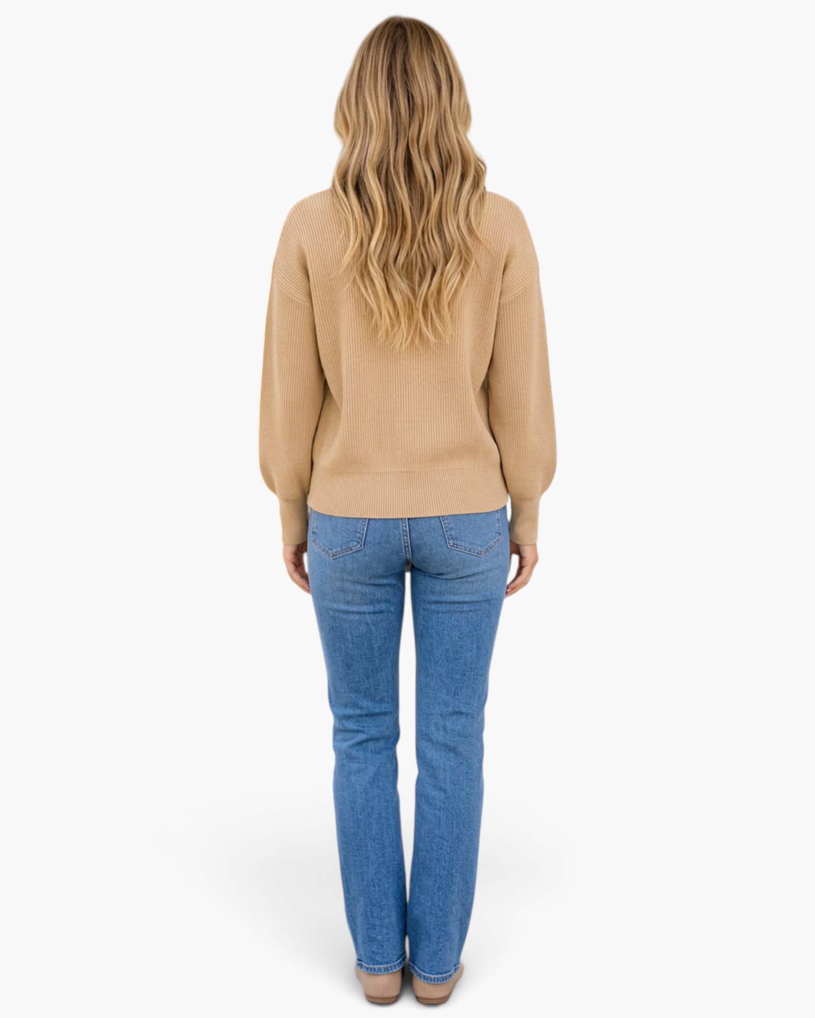Beach Rose Co. Desiree long sleeve knit cardigan in beige with drop shoulders, viewed from the back on a model.