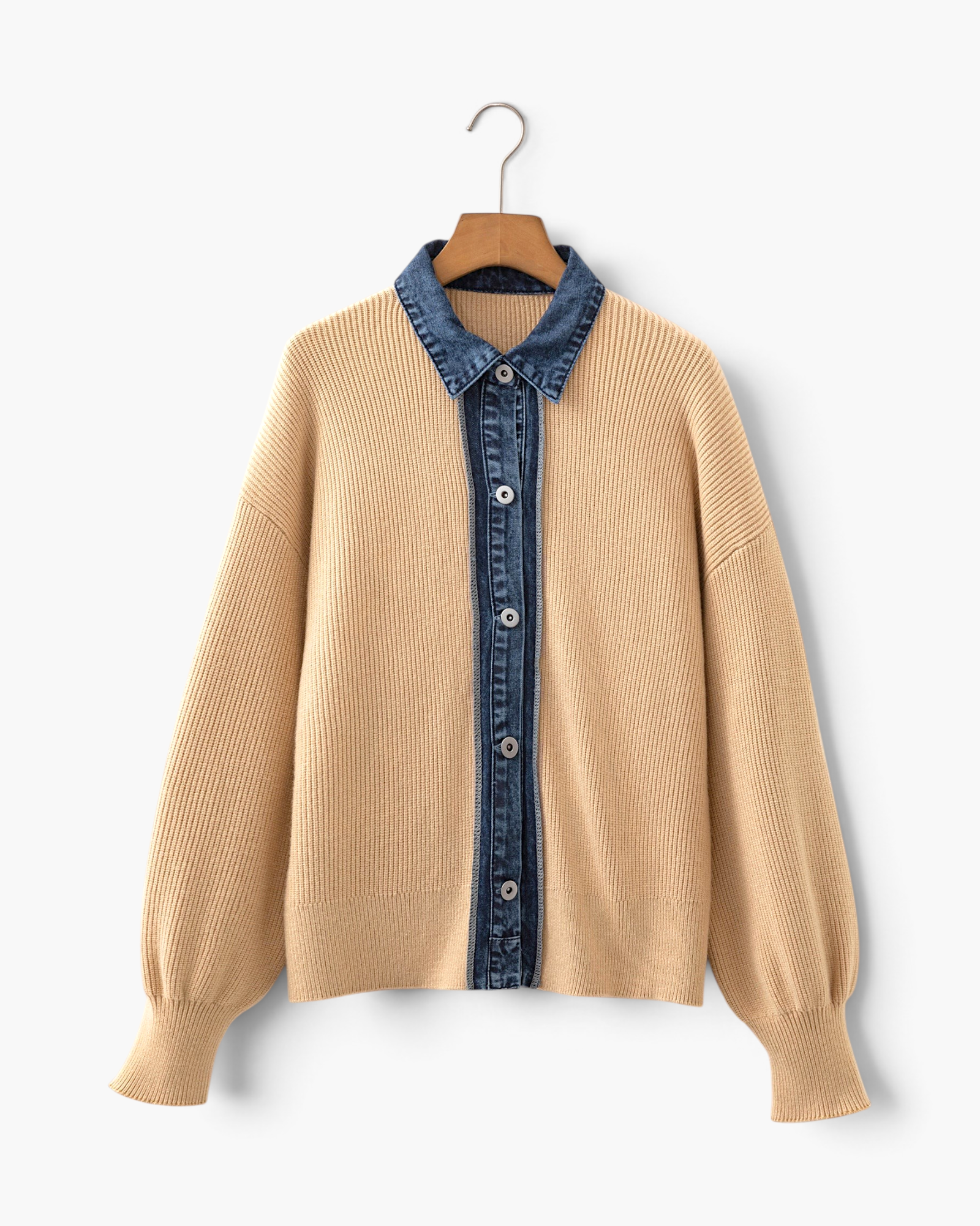 Beach Rose Co. beige knit cardigan with a denim shirt collar and button placket, featuring a relaxed drop shoulder.