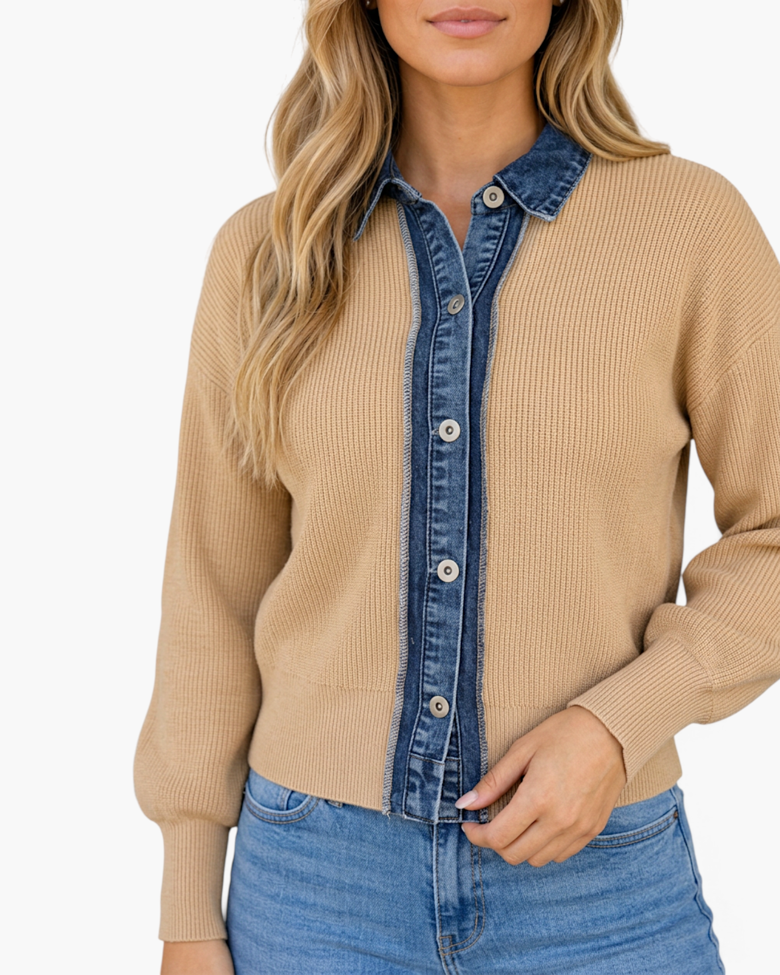 Beach Rose Co. beige knit cardigan with a denim shirt collar and button placket, featuring a relaxed drop shoulder.