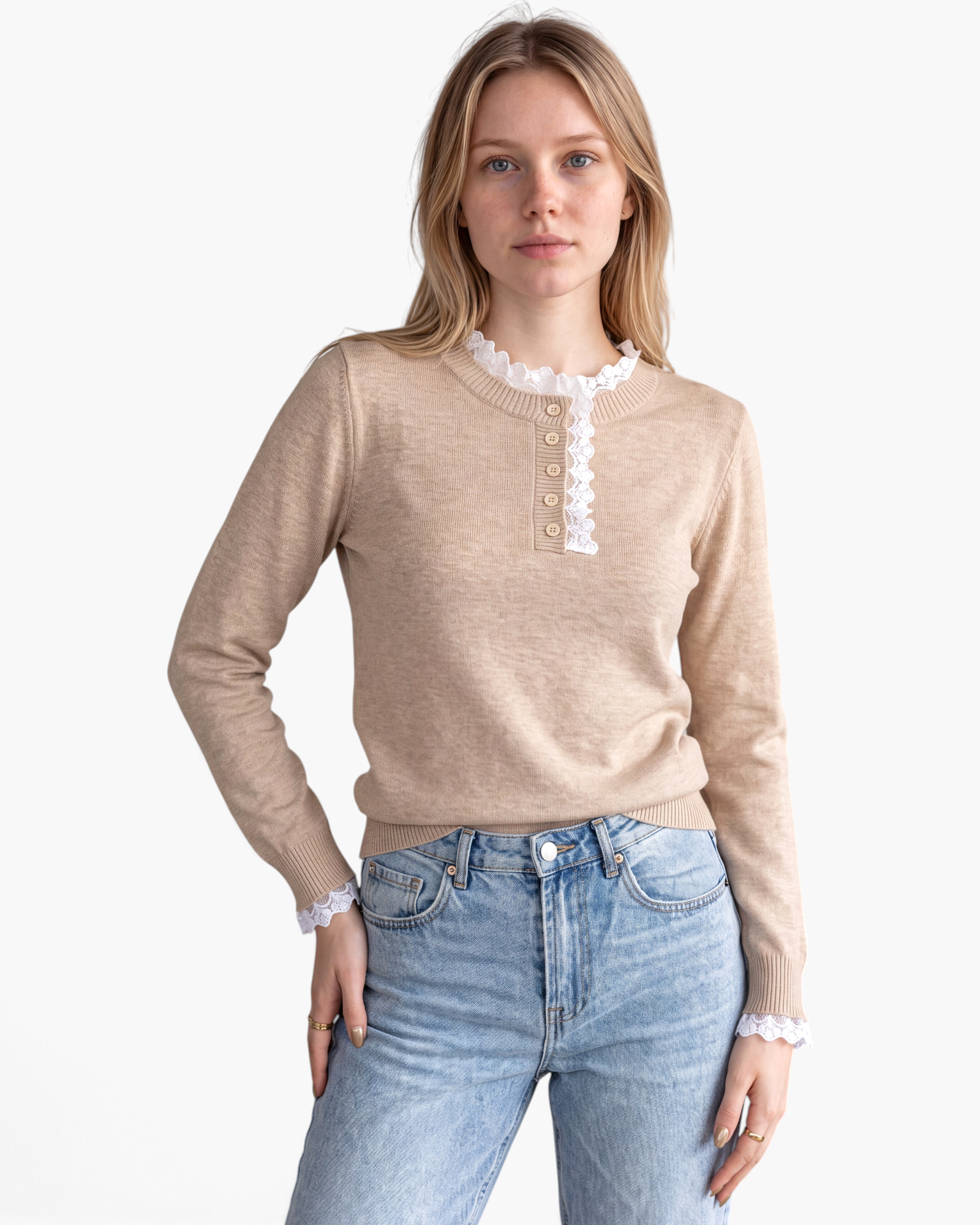 Beach Rose Co. beige fine knit sweater with scalloped white floral lace trim on the neckline, placket, and cuffs.