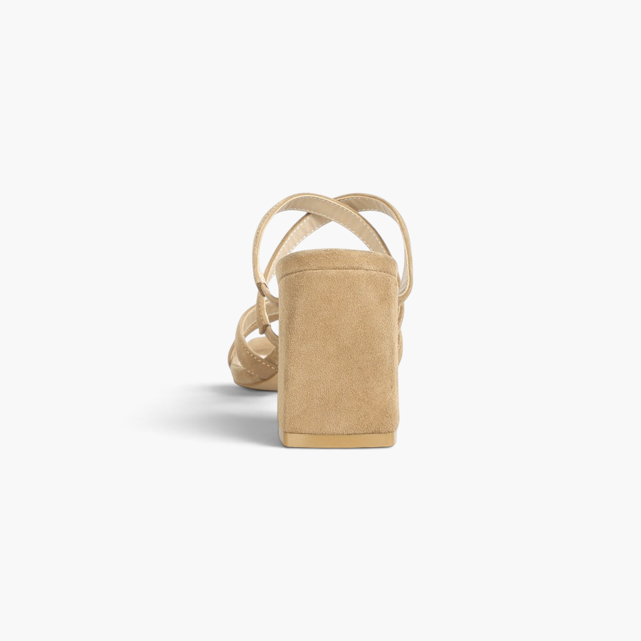 Beach Rose Co. beige leather strappy sandals with a high block heel viewed from the back