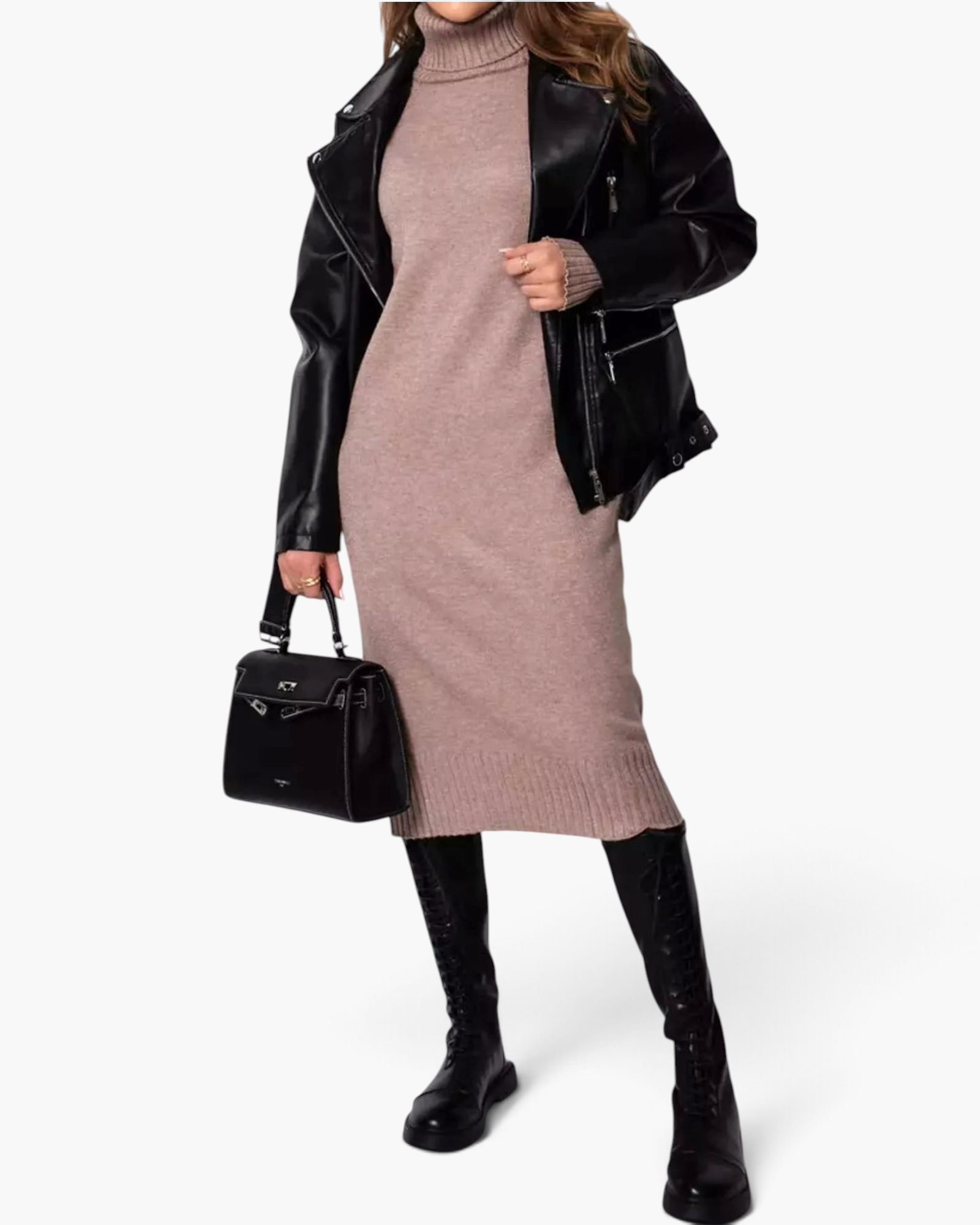 Beach Rose Co. beige midi sweater dress with a ribbed turtleneck, styled with a black leather jacket and boots.