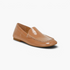 Beach Rose Co. beige patent pleather loafers with a glossy finish, round toe, and decorative mock stitch detailing.