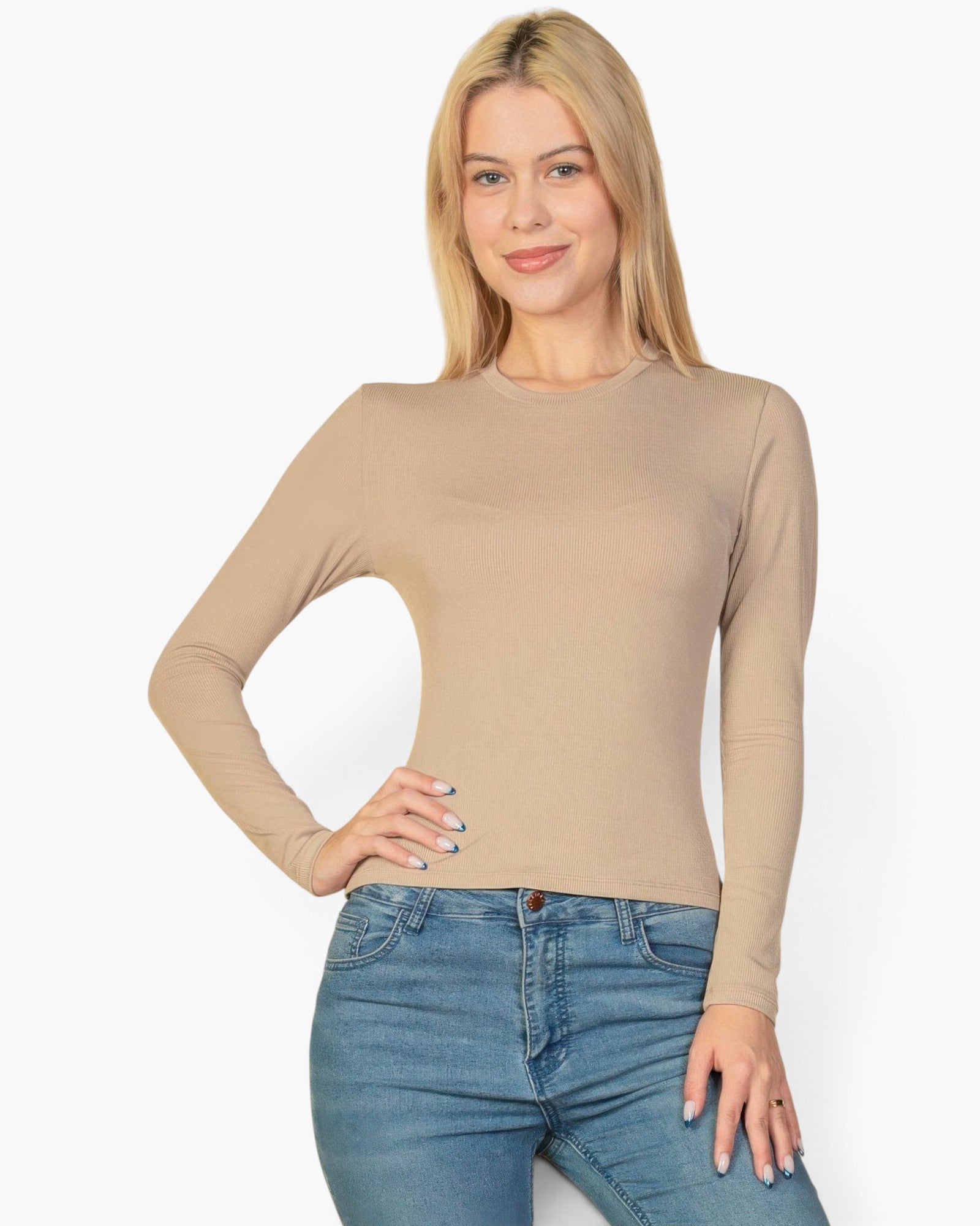 Beach Rose Co. beige long-sleeve top with a ribbed texture, crew neckline, and fitted silhouette on a blonde model.