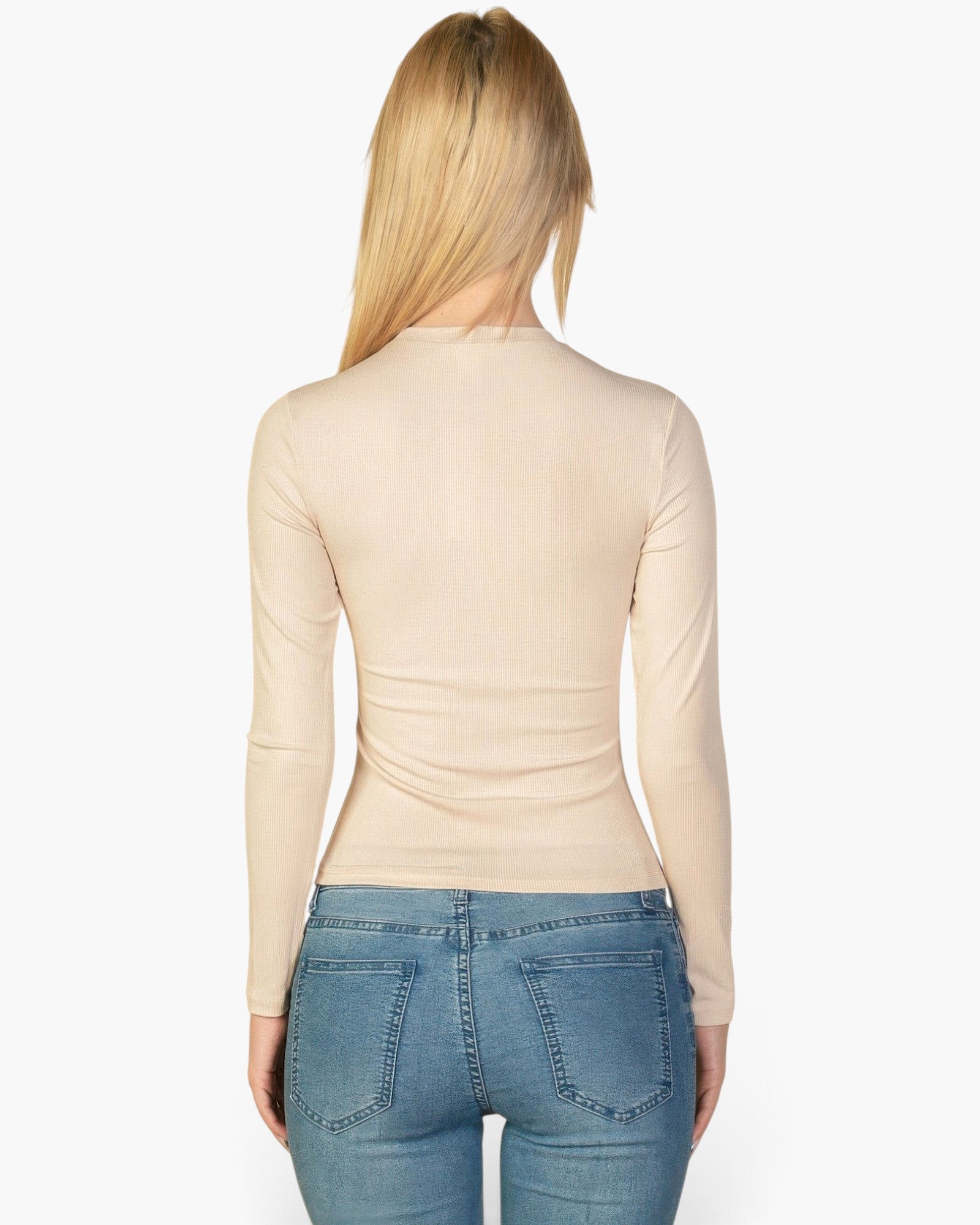 Beach Rose Co. beige ribbed long-sleeve crew-neck top worn by a blonde model from the back view with blue jeans