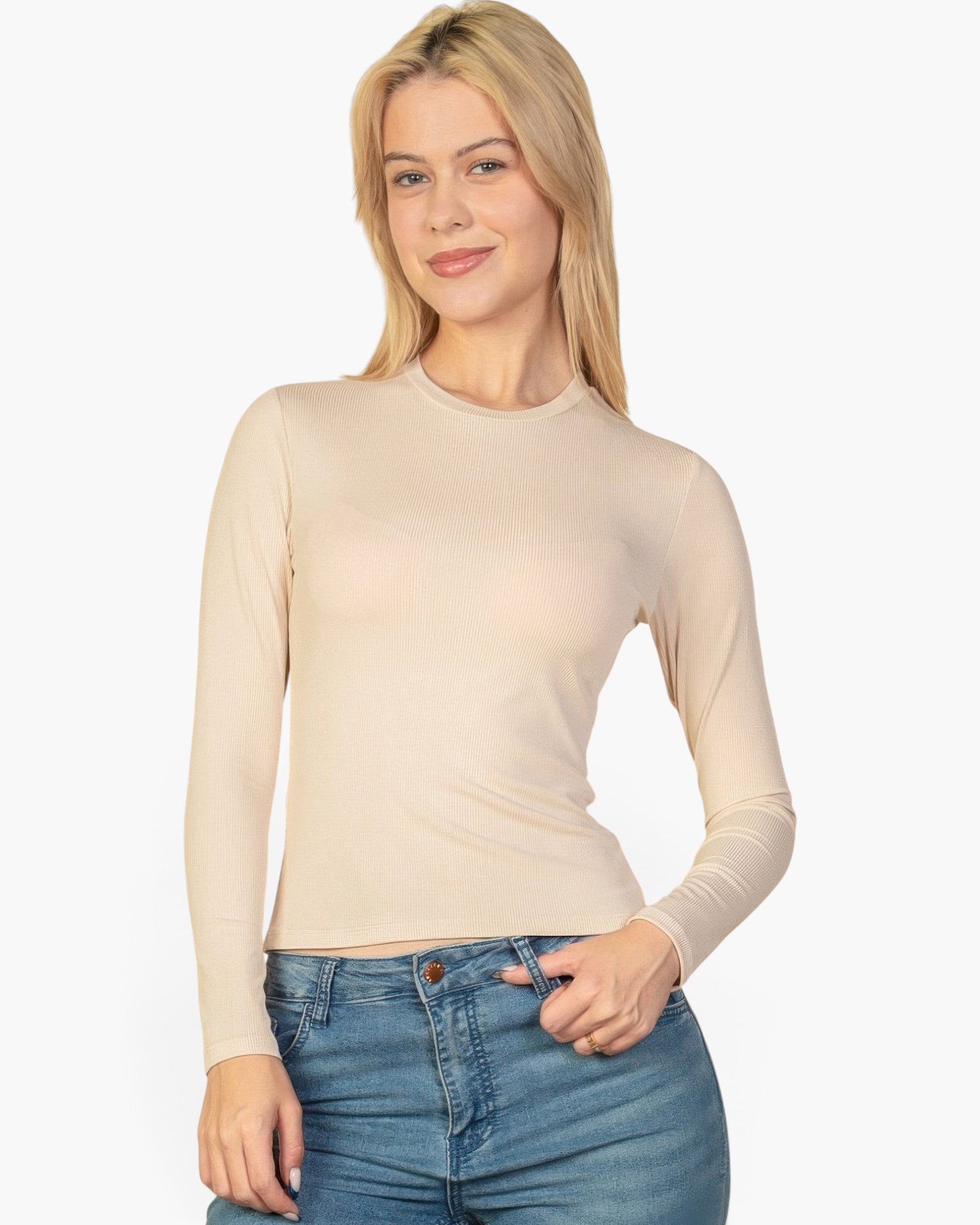 Beach Rose Co. beige ribbed long-sleeve crew-neck top worn by a blonde model with blue jeans