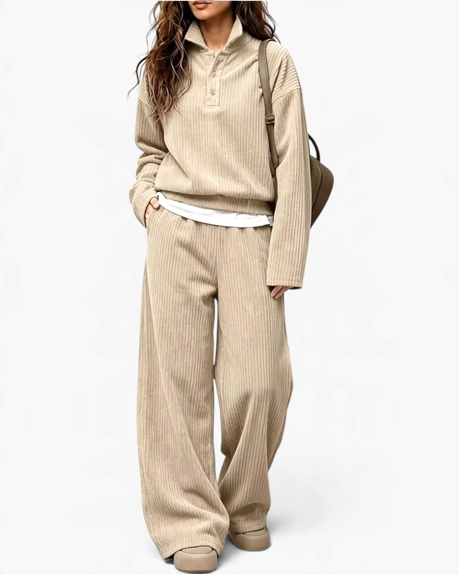 Beach Rose Co. beige ribbed two-piece set with a collared button-placket top and wide leg pants on a model.